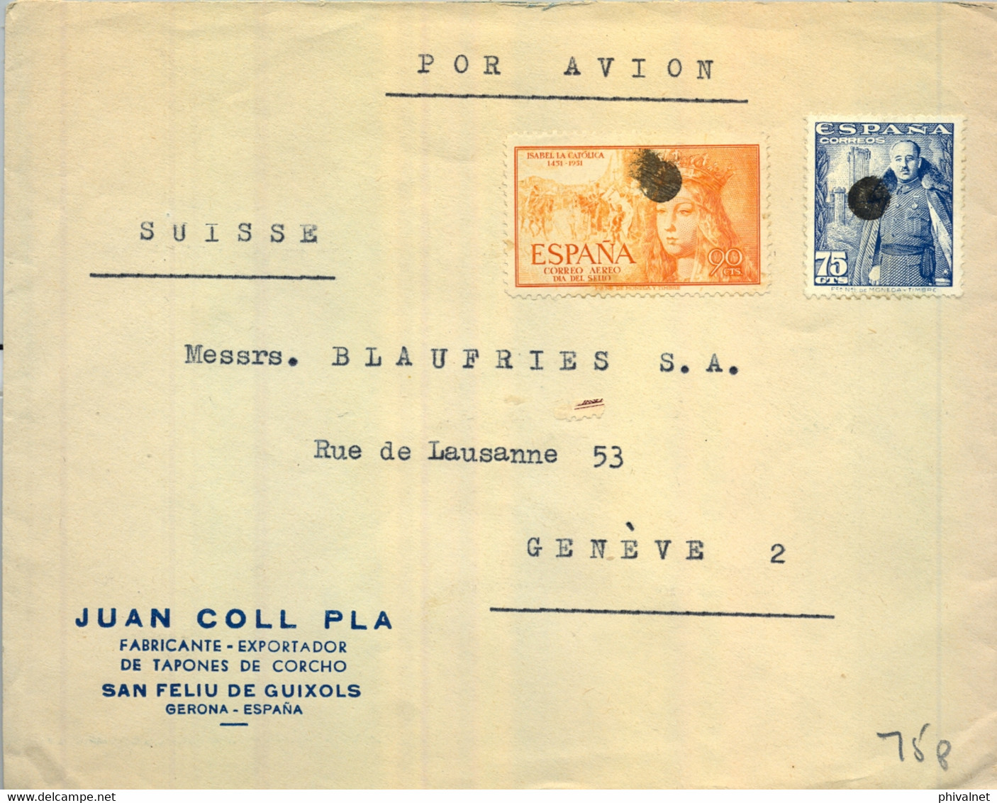 1951 GERONA , SAN FELIÚ DE GUIXOLS - GINEBRA , CORREO AÉREO , TRÁNSITO DE BARCELONA , MATASELLOS MUDOS - Briefe U. Dokumente