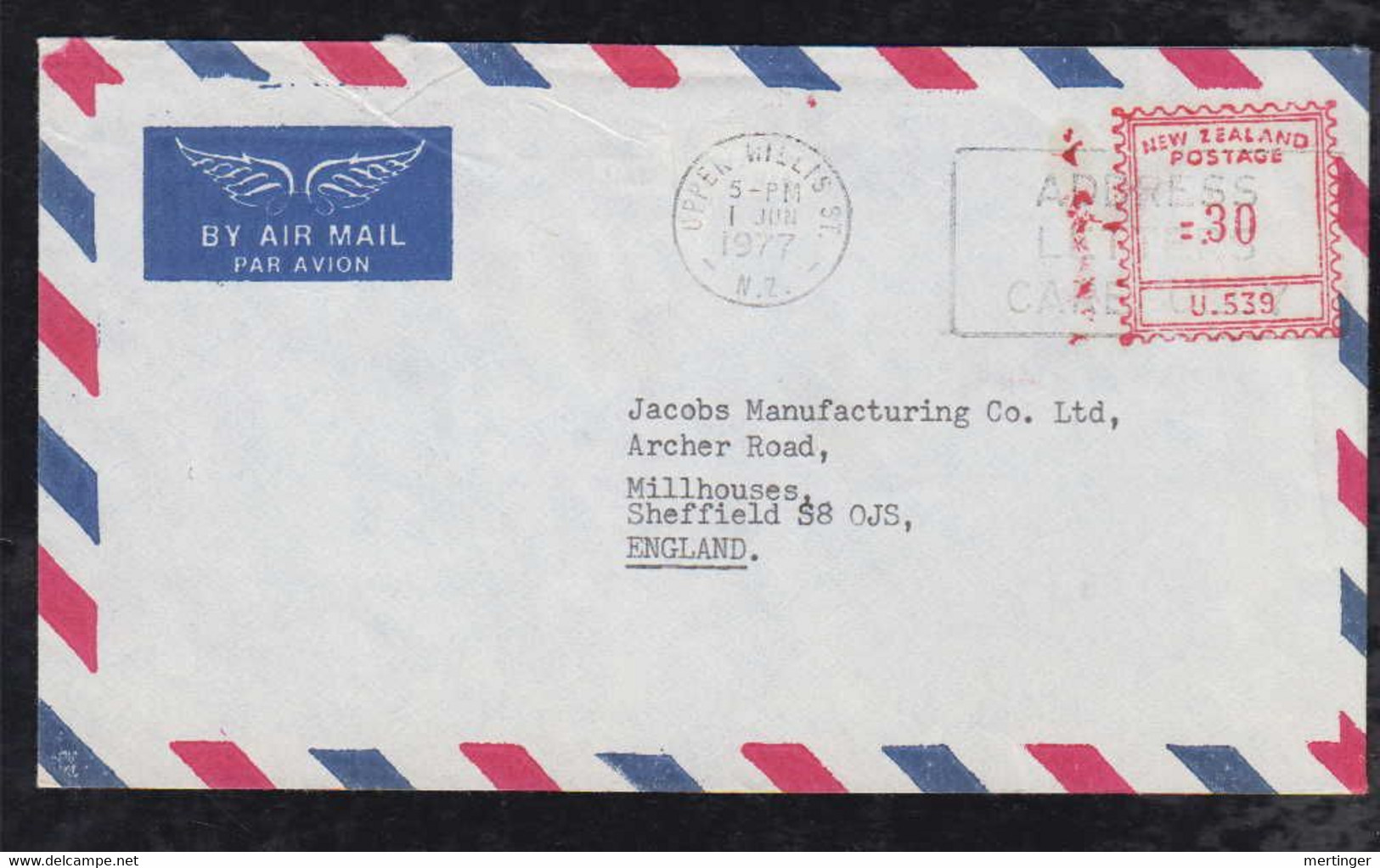 New Zealand 1977 Meter Airmail Cover 30c UPPER HILLIS To Sheffield England - Briefe U. Dokumente