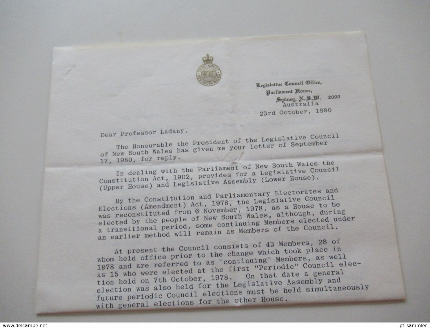 Australien 1980 Air Mail in die USA Einschreiben Parliament House New South Wales mit Inhalt Unterschrift L.A. Jecklen