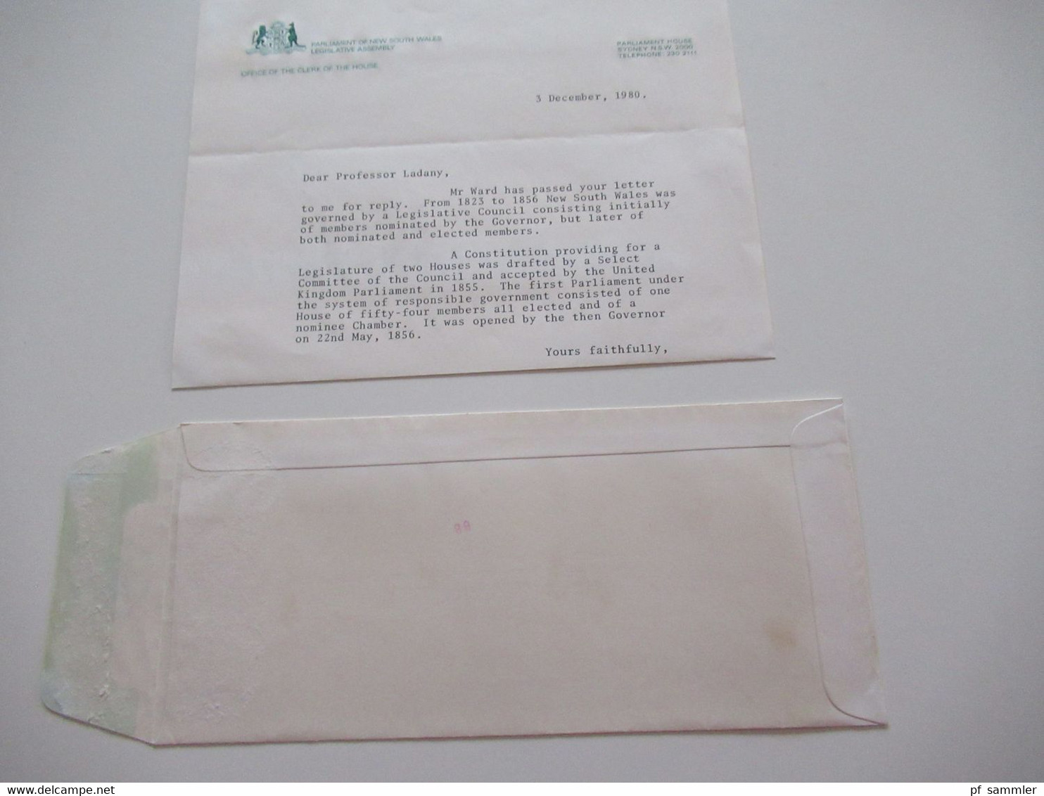 Australien 1980 Mit Perfin NSW  Umschlag Und Inhalt Legislative Assembly Parliament Of NSW Unterschrift D.L. Wheeler - Brieven En Documenten