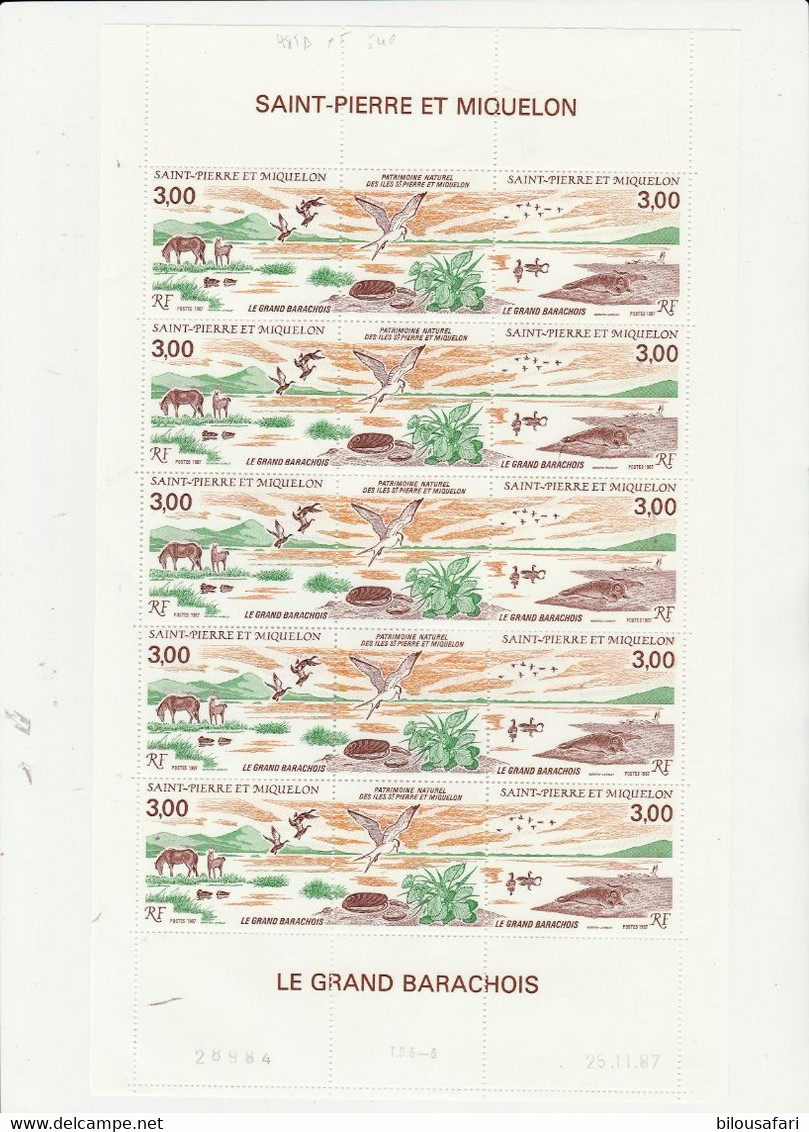 SAINT PIERRE & MIQUELON N° 485A LE GRAND BARACHOIS  Feuille De 5 Triptyques NEUVE ** S/C Datée :27/11/87 - Altri & Non Classificati