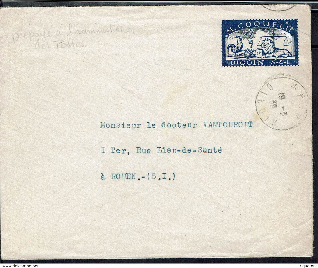 Fr - Enveloppe Prépayée à L'Administration Des Postes - Digoin Du 19-3-1939 à Destination De Rouen - - Private Stationery