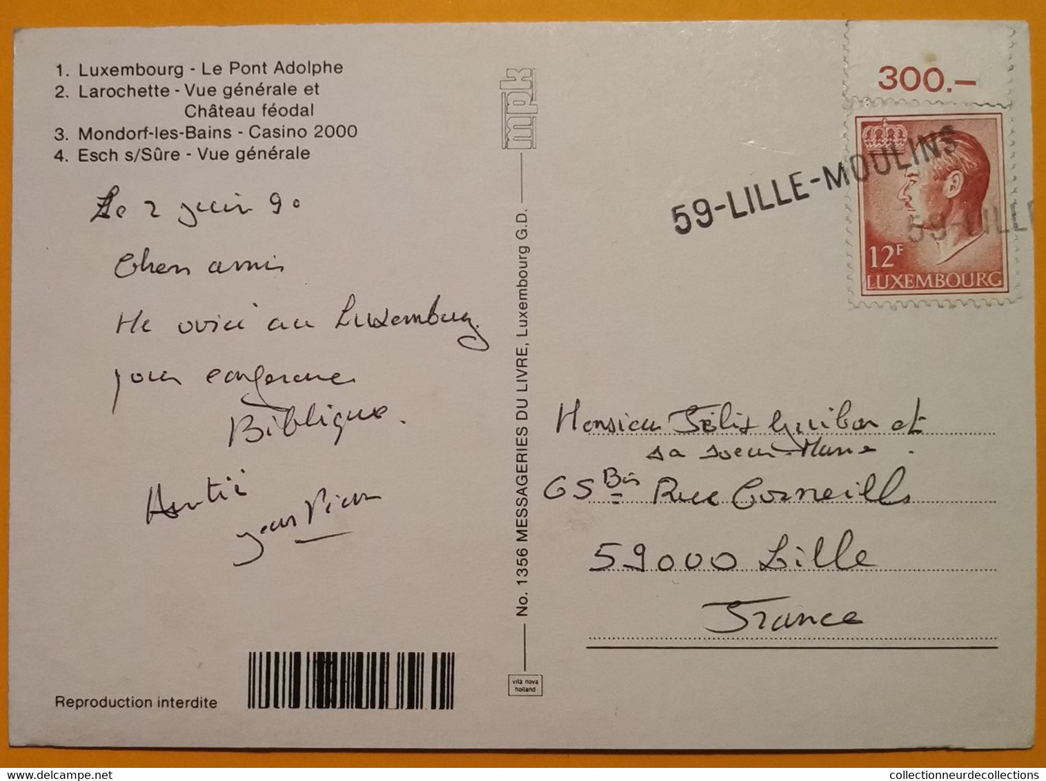 Superbe GRIFFE Linéaire 59-LILLE-MOULINS De 1990 Sur Cpm Luxembourg > France - Covers & Documents