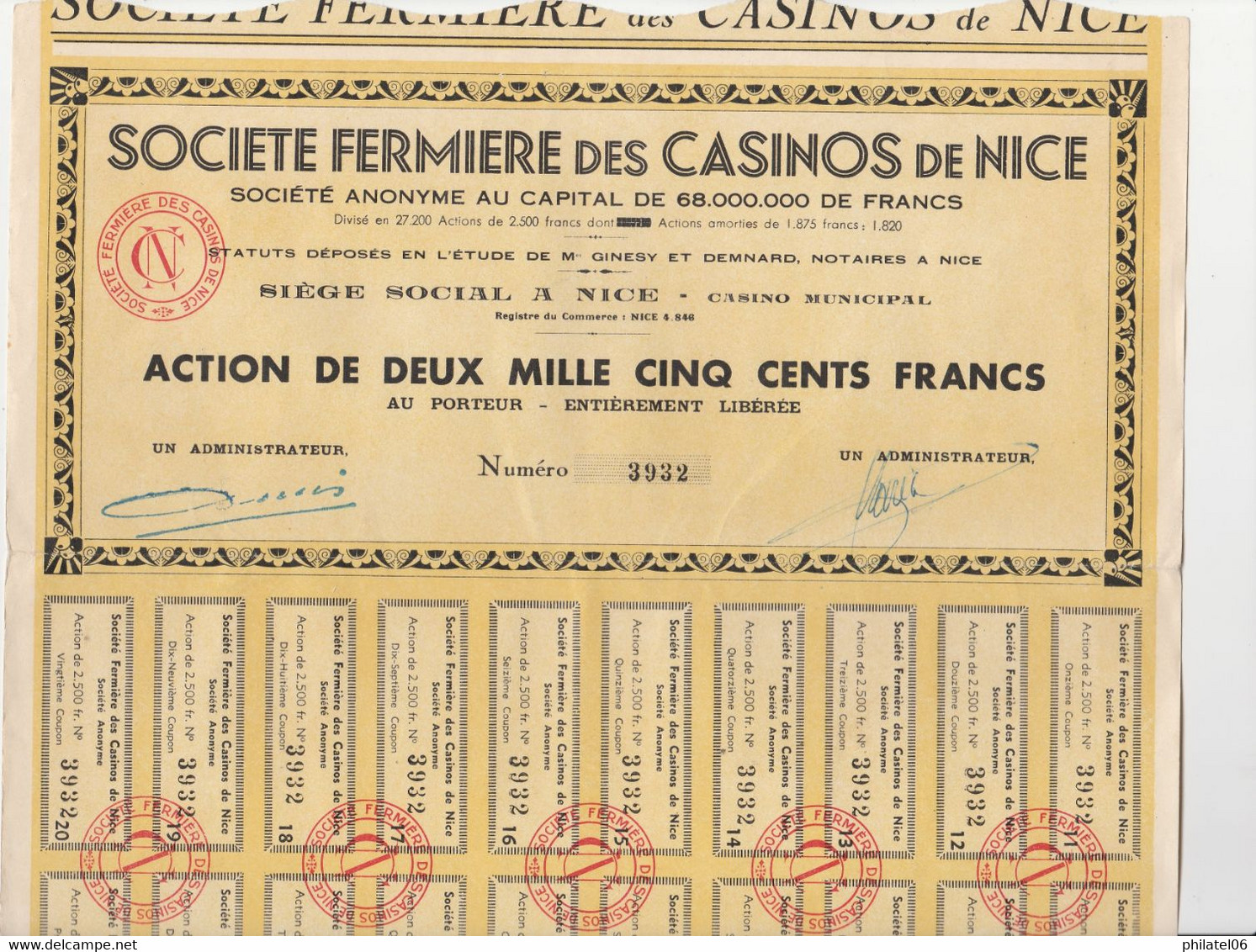 FRANCE ACTION DU  CASINO DE NICE AVEC COUPONS (X2) ET  SOCIETE FERMIERE CASINOS NICE X 2 BON ETAT (4 ACTIONS AU TOTAL) - Casino
