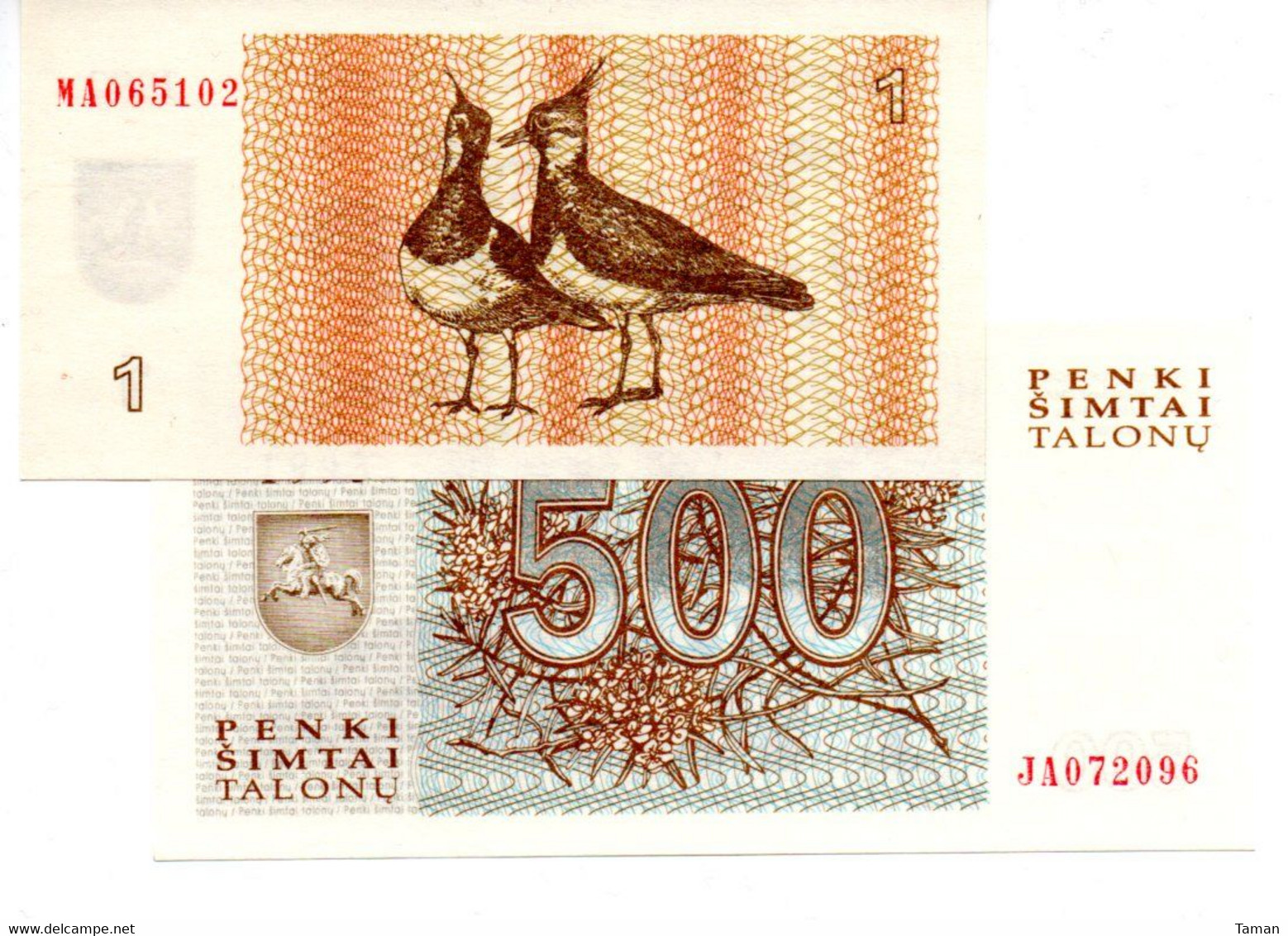 LITUANIE  -  Lot De 2 Billets : 1 Talonas 1992 Et 500 Talonas 1993  --- UNC ---   Lietuva - Lituania