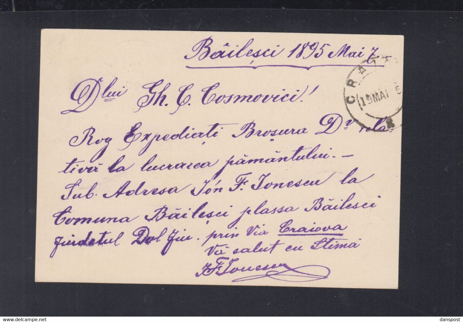 Rumänien Romania GSK 1895 Mit Blauem Bailesti Jud. Doljiu - Lettres & Documents