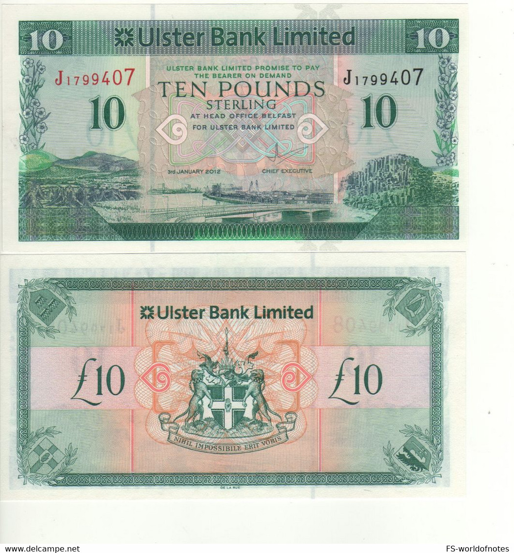 Northern  IRELAND  10 Pounds  P341b   "ULSTER BANK Dated 3rd Jan. 2012"   Landscape Belfast + Rock Formation - 10 Pounds