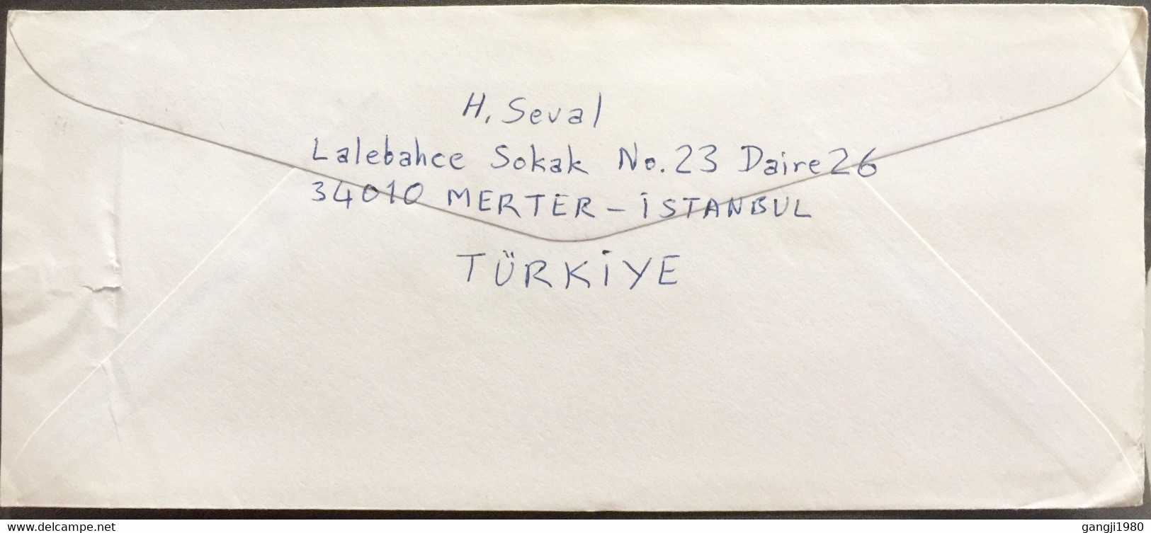 TURKEY 2001, SE-TENENT !4 STAMPS USED COVER TO INDIA,MERTER VIOLET CANCELLATION PRESIDENT,ART ,CHILDREN IN FLOWER - 1934-39 Sandjak D'Alexandrette & Hatay