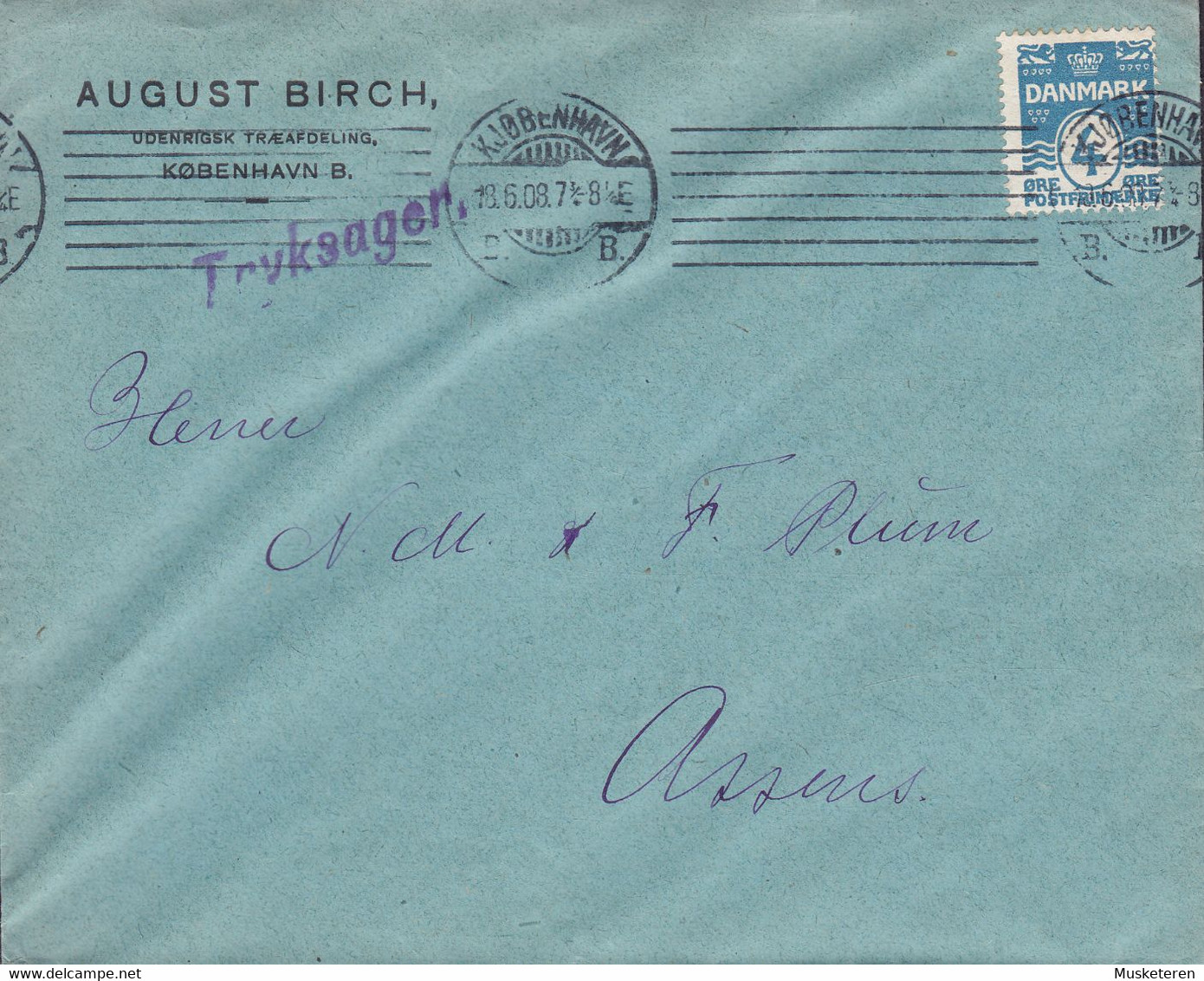 Denmark AUGUST BIRCH Udenrigsk Træafdeling TMS Cds. KJØBENHAVN B.B.B. 1908 Cover Brief ASSENS (Arr.) (2 Scans) - Storia Postale