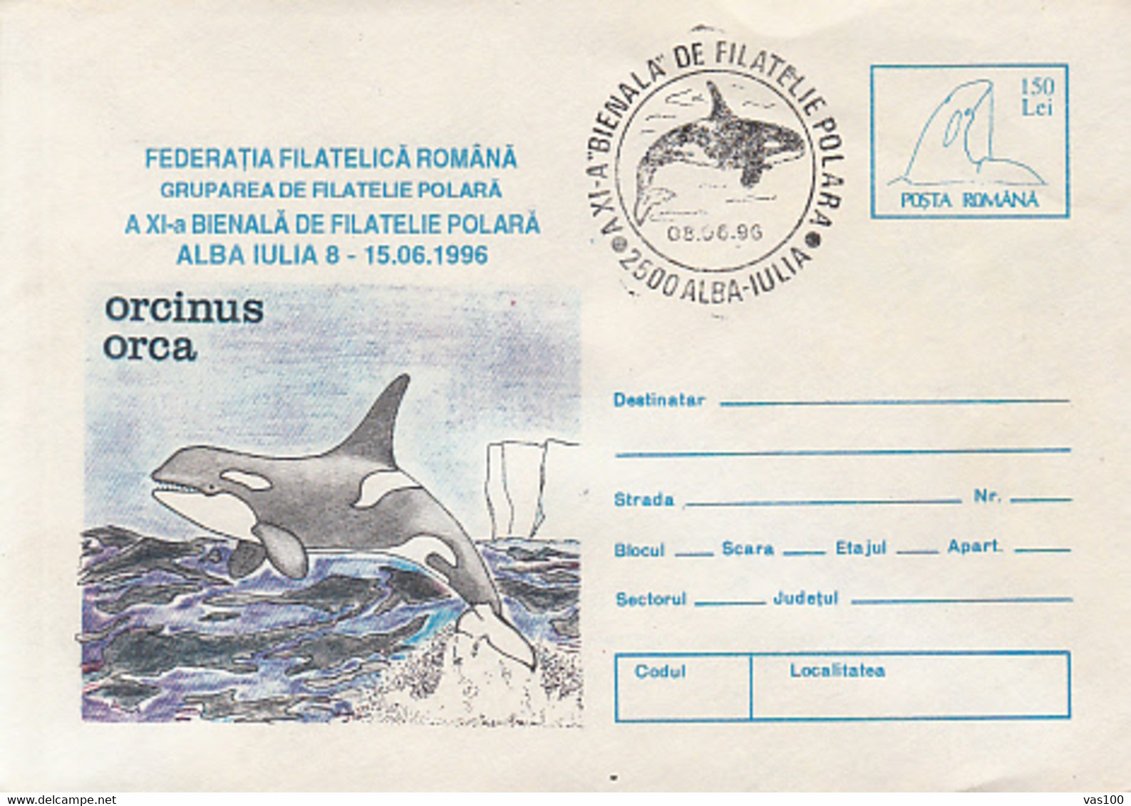 POLAR PHILATELIC EXHIBITION, ORCA, KILLER WHALE, COVER STATIONERY, ENTIER POSTAL, 1996, ROMANIA - Événements & Commémorations