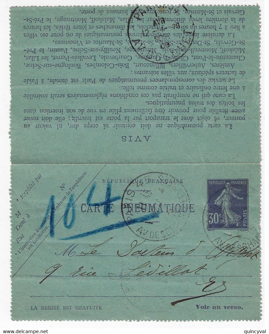 PARIS 45 Champs Elysées Dest Bosquet 104 Type H Carte Lettre Entier Pneumatique 30c Semeuse Ob 1909 Storch K9 Yv CLPP2 - Pneumatische Post