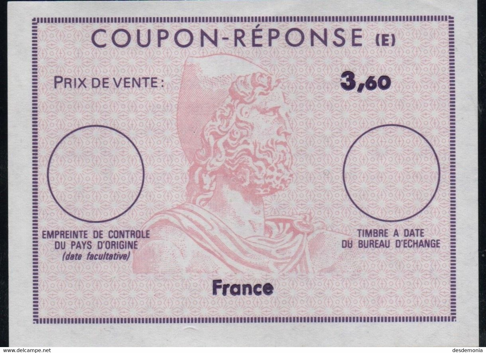 Coupon Réponse International Buste D'Hermes France 3.6FF ** - Coupons-réponse