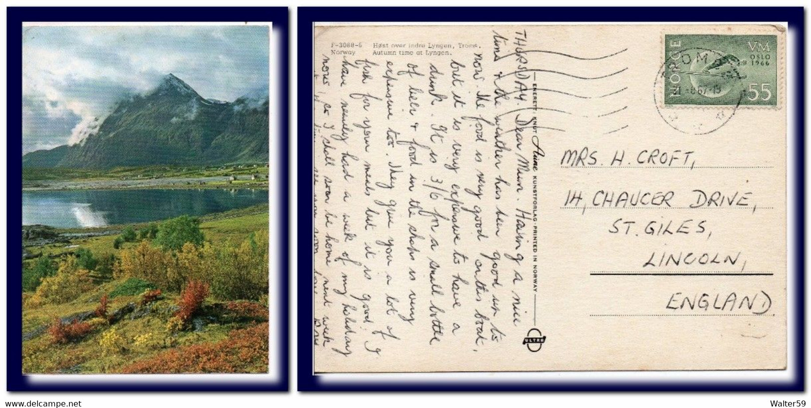 1967 Norway Norge Norwegen Postcard Autumn At Lyngen Mailed Tromso To England Ak - Lettres & Documents