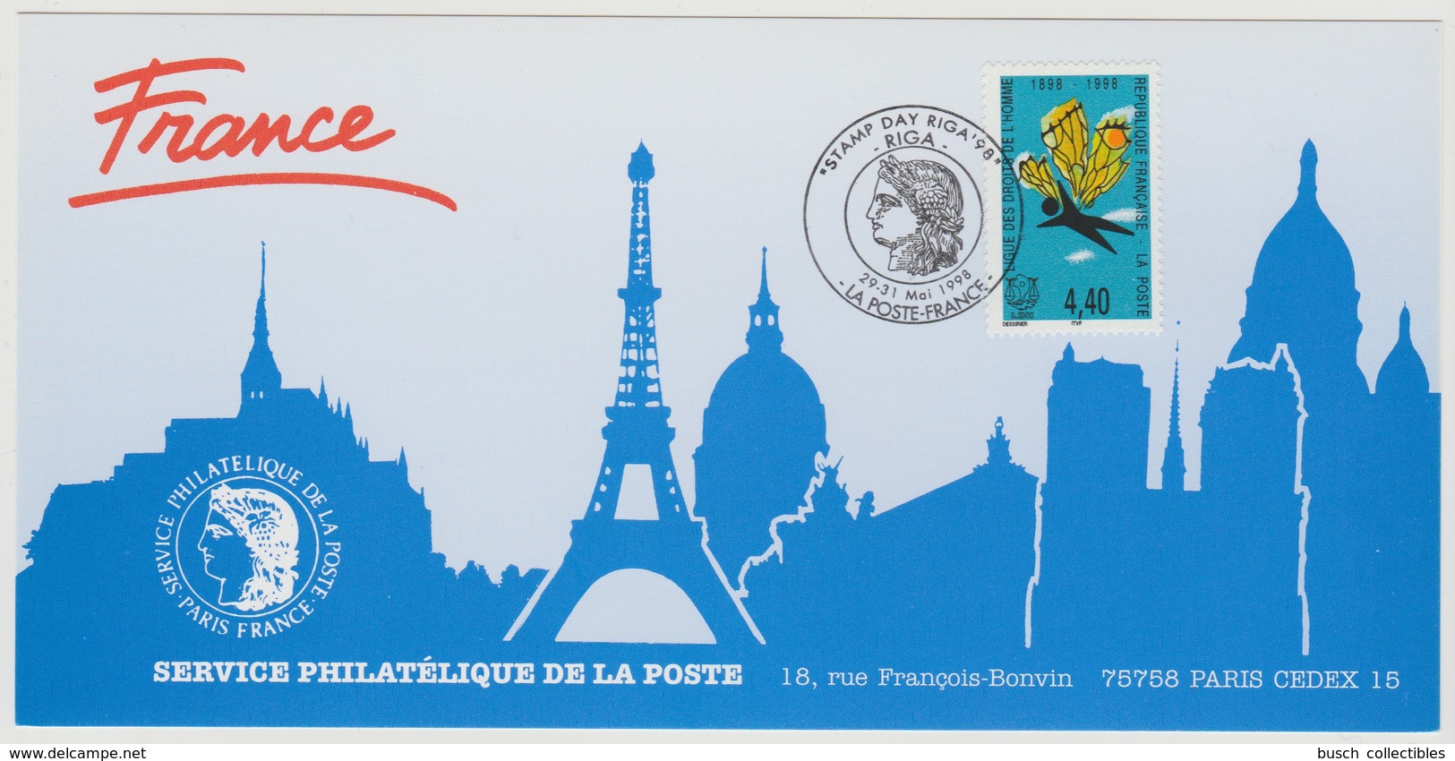 156 Carte Officielle Exposition Internationale Exhibition Riga 1998 France FDC Ligue Des Droits De L'Homme Human Rights - Philatelic Exhibitions