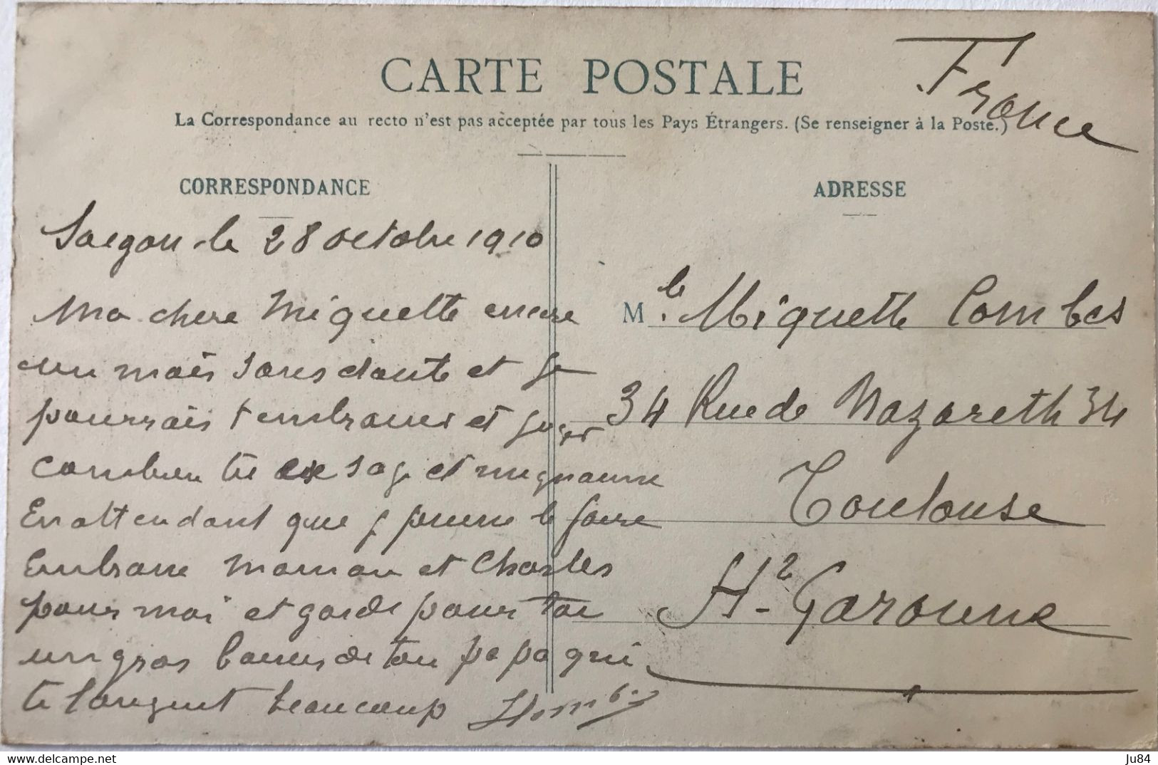 Indochine - Cochinchine - Saïgon Centre - Le Cap St-Jacques - Carte Postale Pour Toulouse - Poste RF - 28 Octobre 1910 - Used Stamps