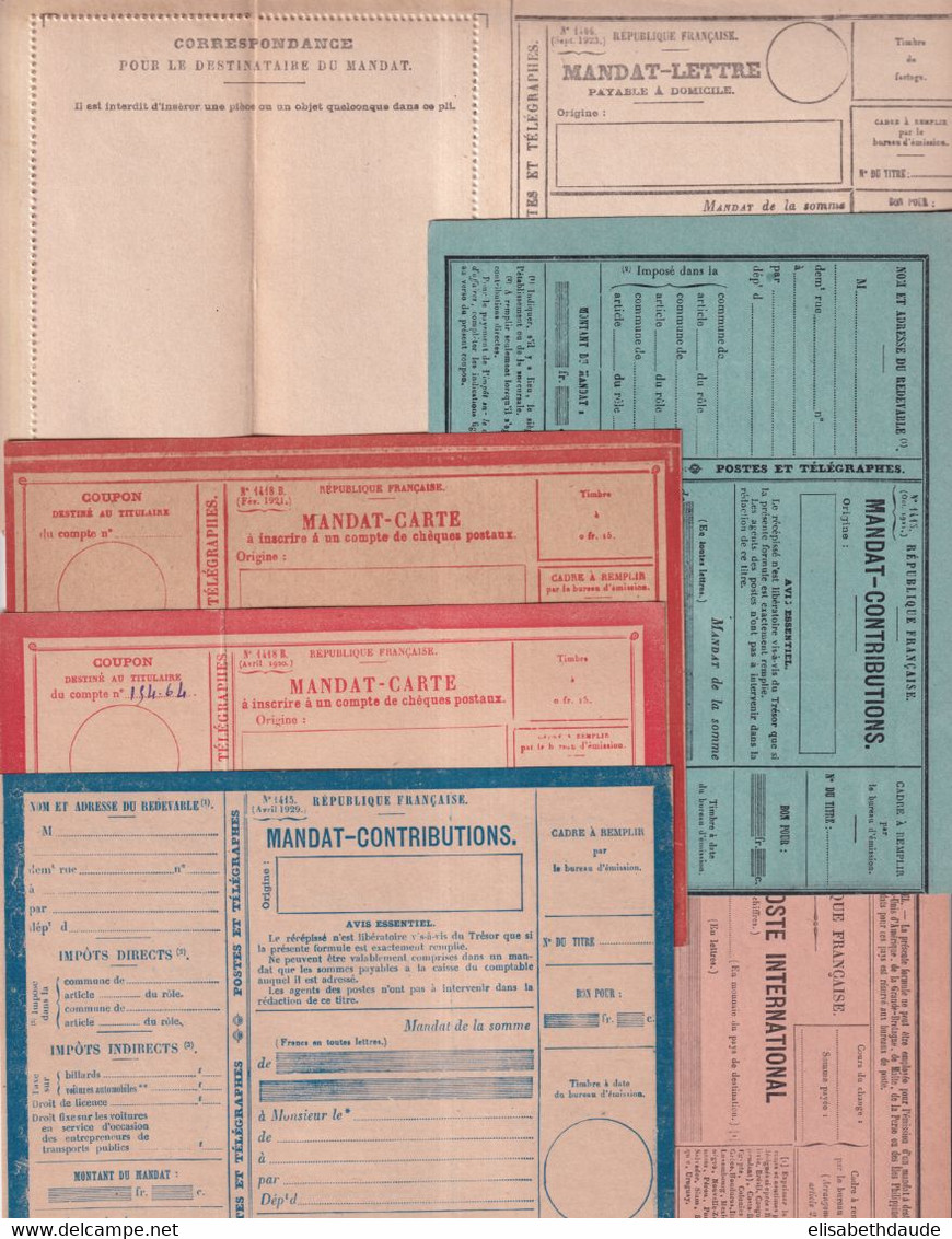 1918/1929 - 6 FORMULES MANDATS (MANDAT-LETTRE 1923+MANDAT-POSTE 1918+MANDAT-CARTE 1920+21+MANDAT-CONTRIBUTIONS 1921+29) - Autres & Non Classés