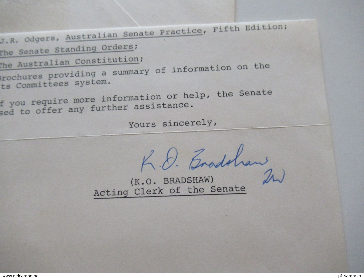 1980 Umschlag Australian Senate (Regierung) Mit Inhalt U. Original Unterschrift K.O. Bradshaw Acting Clerk Of The Senate - Brieven En Documenten