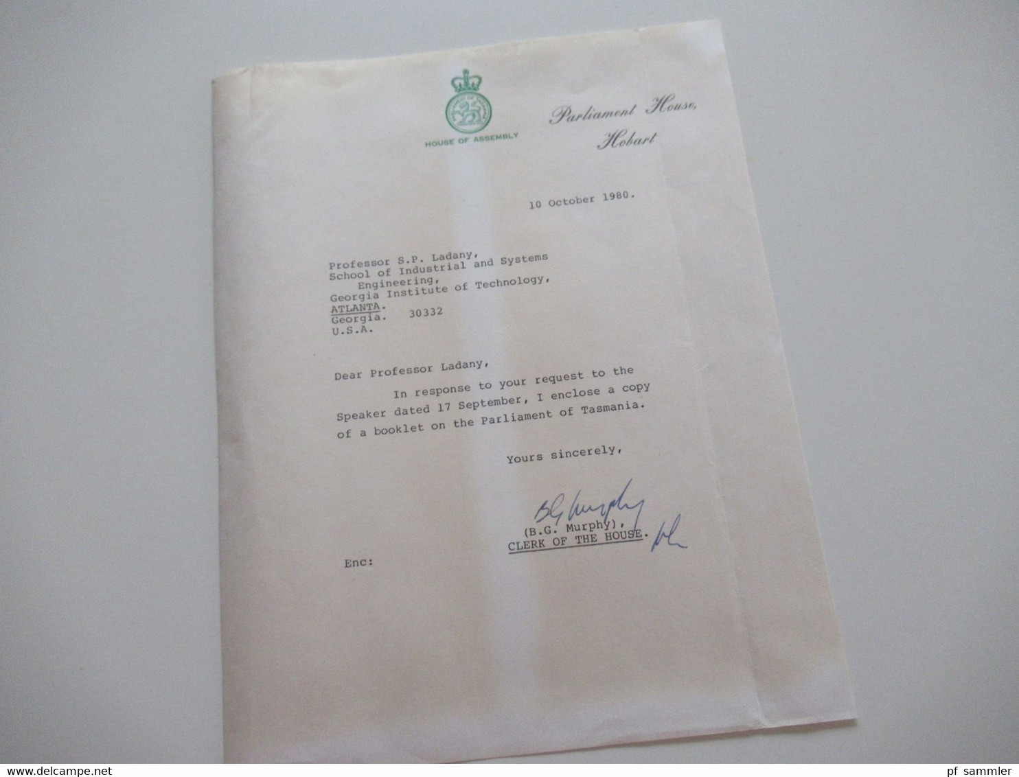 1980 Air Mail nach Atlanta Umschlag OHMS Printed Matter House of Assembly Papers Tasmania Inhalt Parliament House Hobart