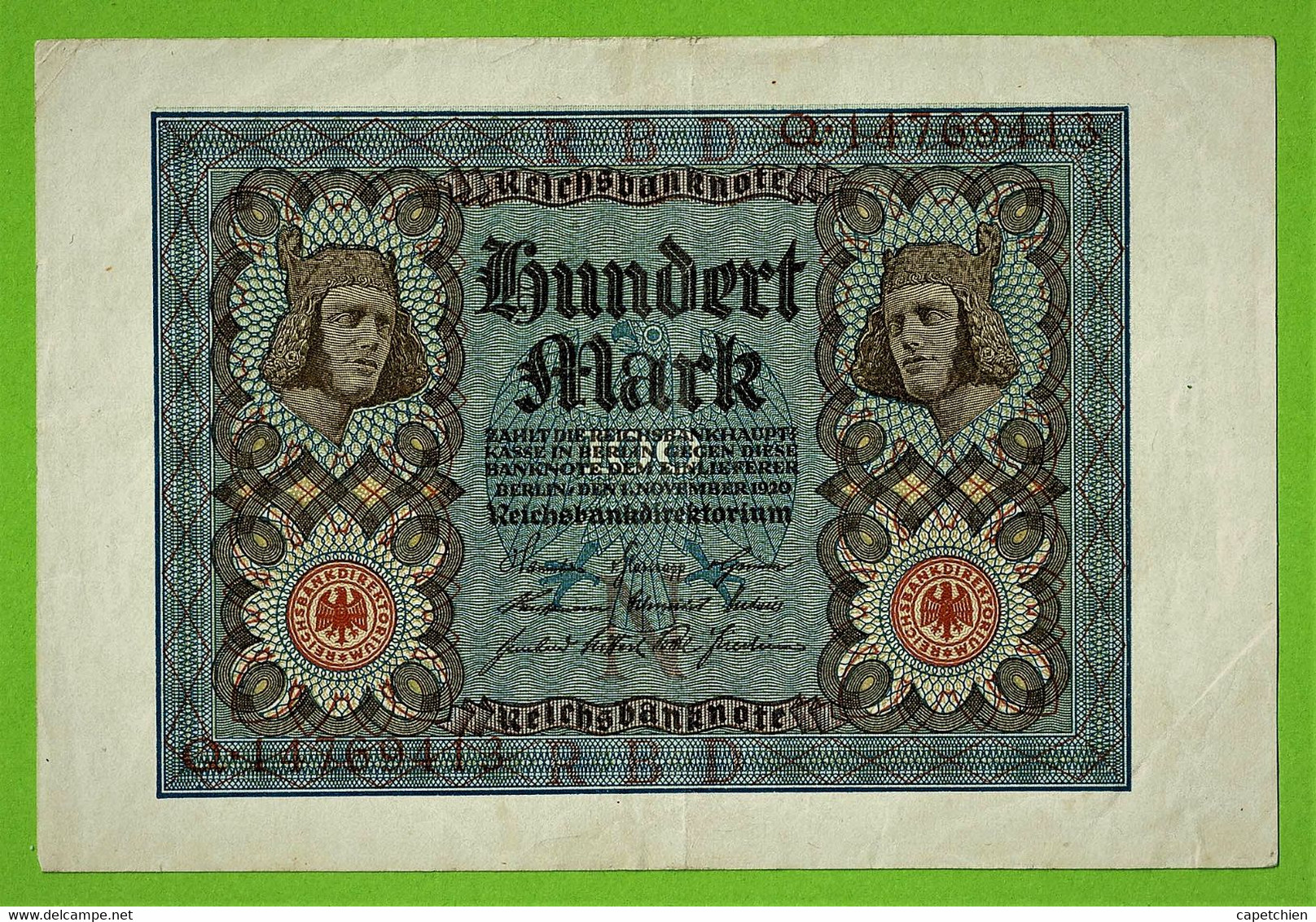 ALLEMAGNE / 100 MARK / REICHSBANKNOTE / 01 - 11 - 1920 / N / Q.14769113  Ros.67 - 100 Mark