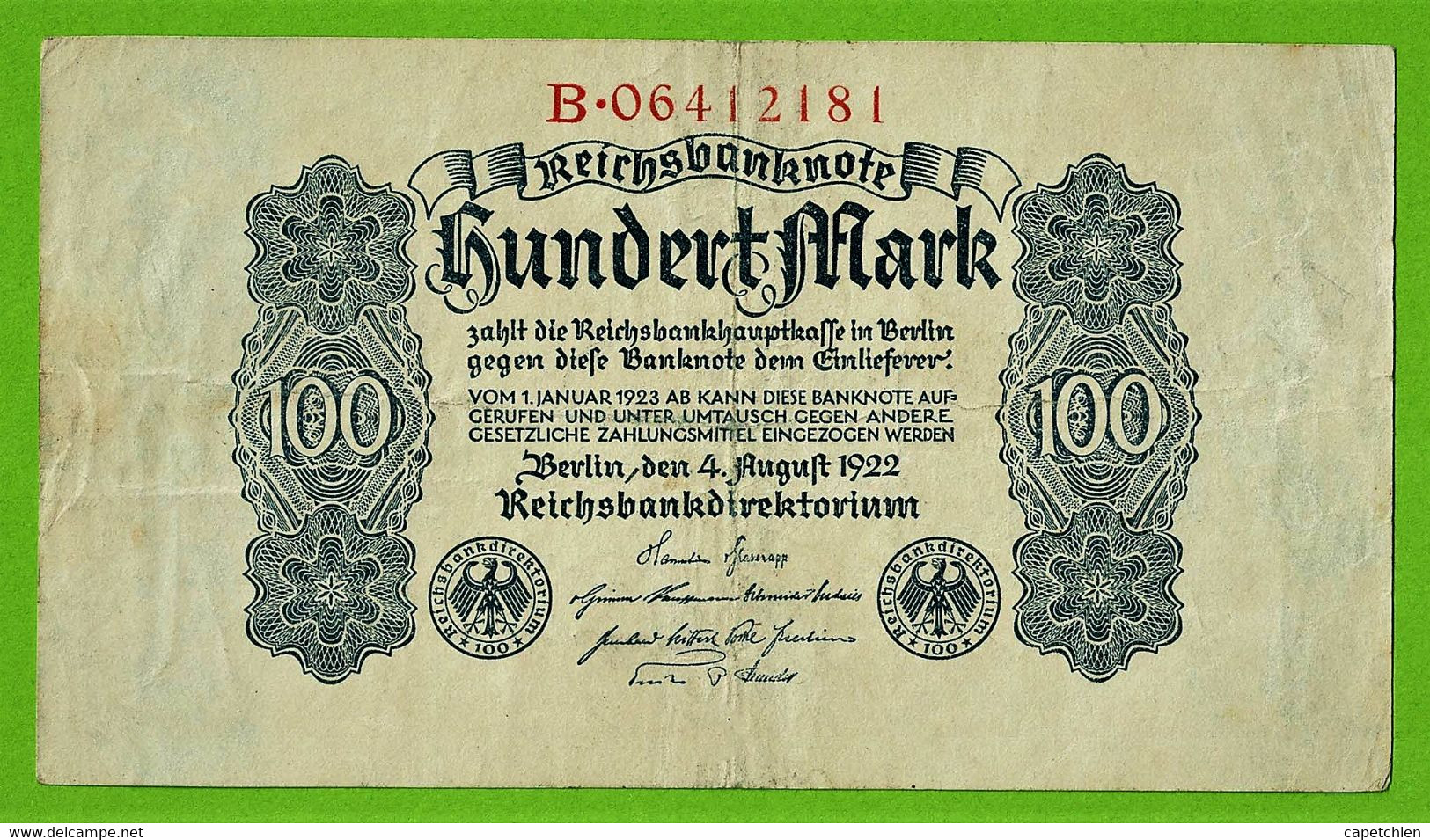 ALLEMAGNE / 100 MARK / REICHSBANKNOTE / 04 - 08 - 1922 / B. 06412181  Ros.72 - 100 Mark