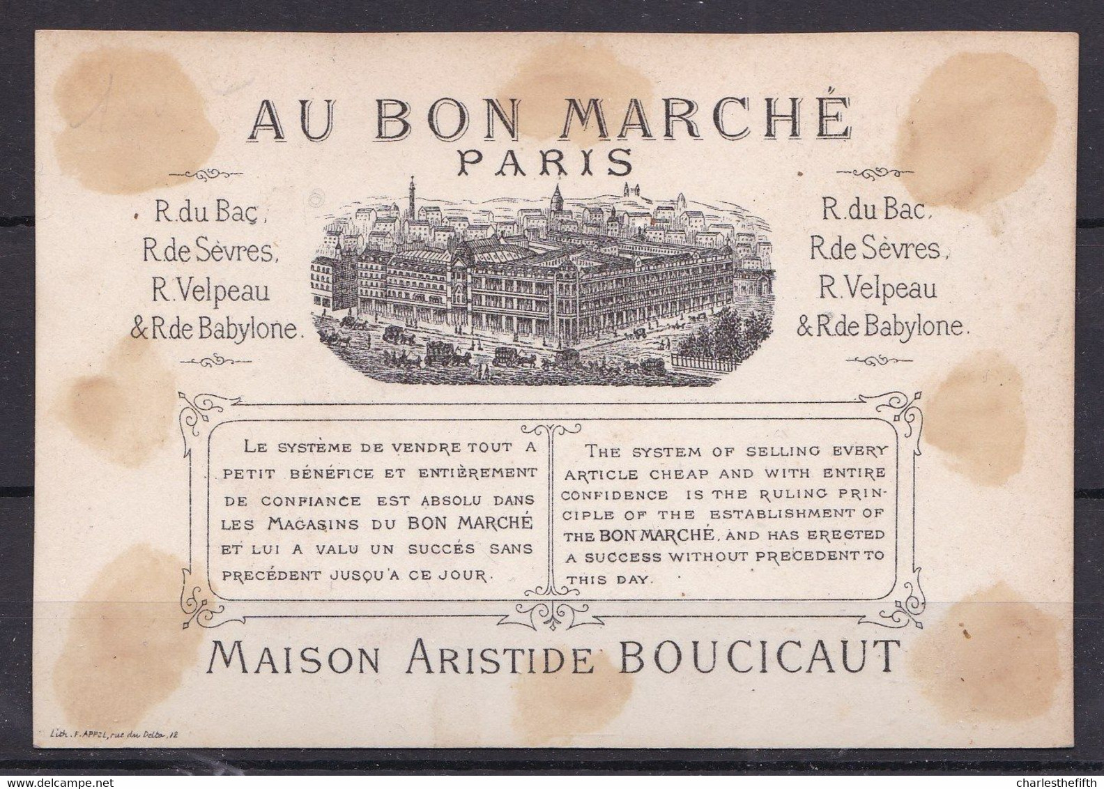 CHROMO LITHO  ! AU BON MARCHE * GARCON ESSAIE DE SEDUIRE FILLE AVEC AULOS *  -  AMBIGU - RARE !! Litho Appel - Au Bon Marché