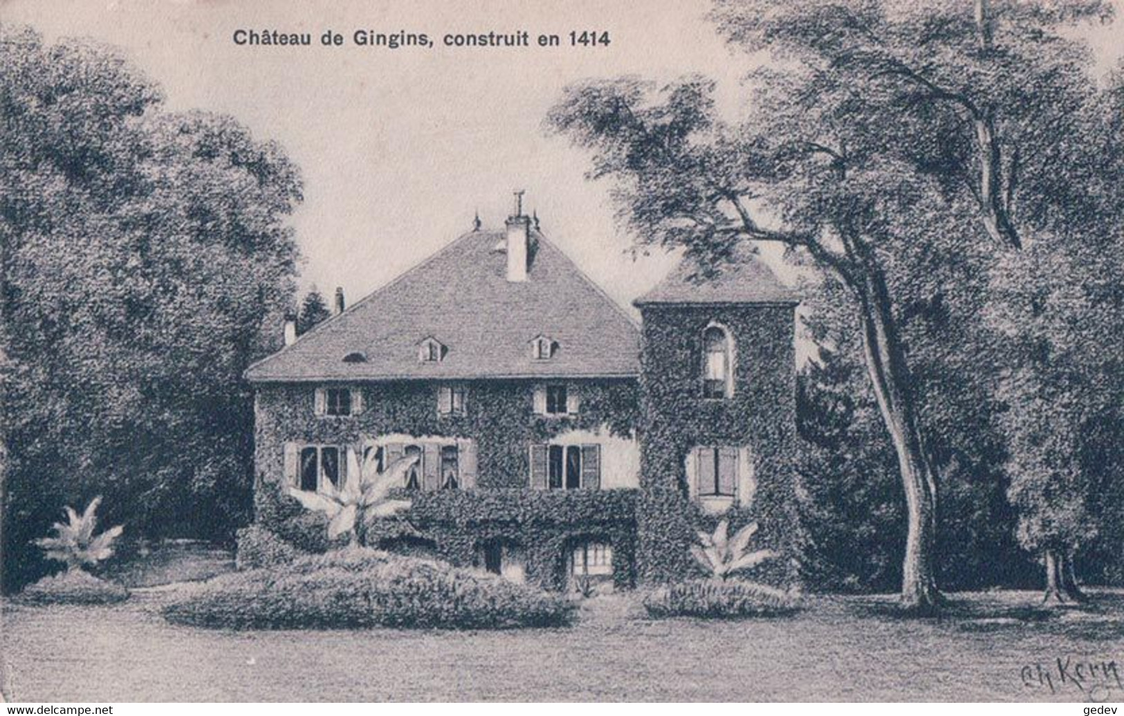 Gingins VD, Le Château Construit En 1414, Dessin Ch. Kern (4.8.1919) - Gingins