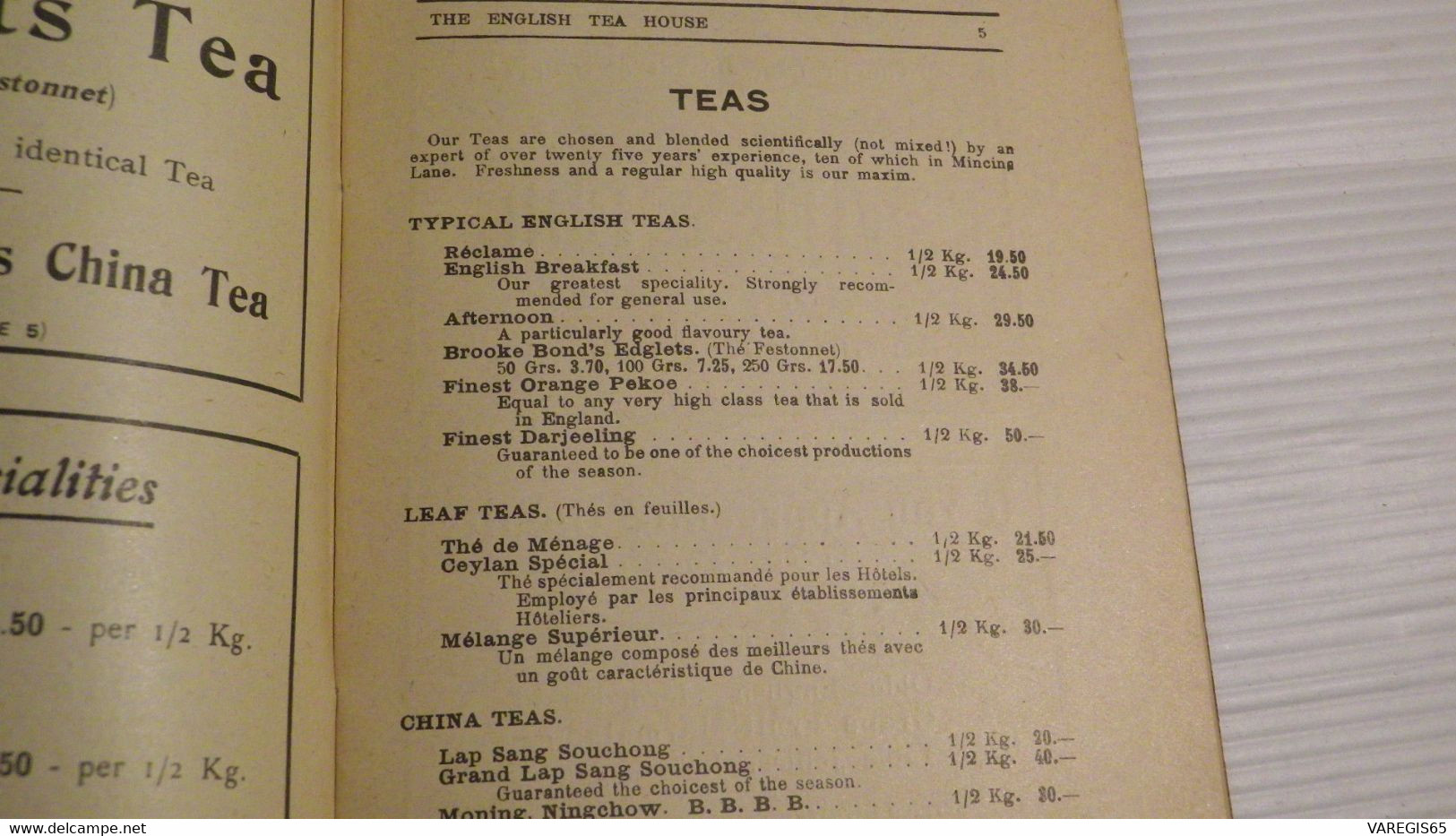 RARE CATALOGUE  PUBLICITAIRE - THE ENGLISH TEA HOUSE - MAISON BETJEMAN & BARTON A PARIS - LISTE DE PRIX 1931 - Grossbritannien