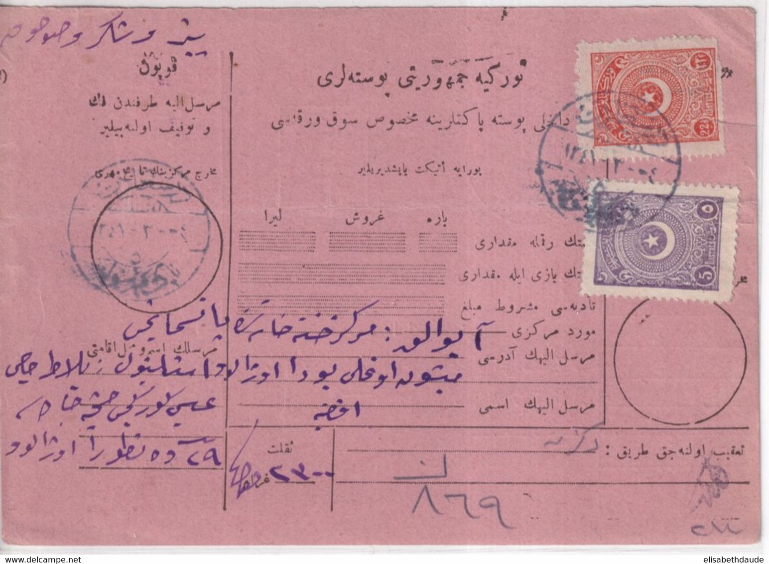 TURQUIE - 1925 - CARTE COLIS-POSTAUX - ANNULATION Par COUPURE SUR LES TIMBRES + CACHET à DATE - Storia Postale