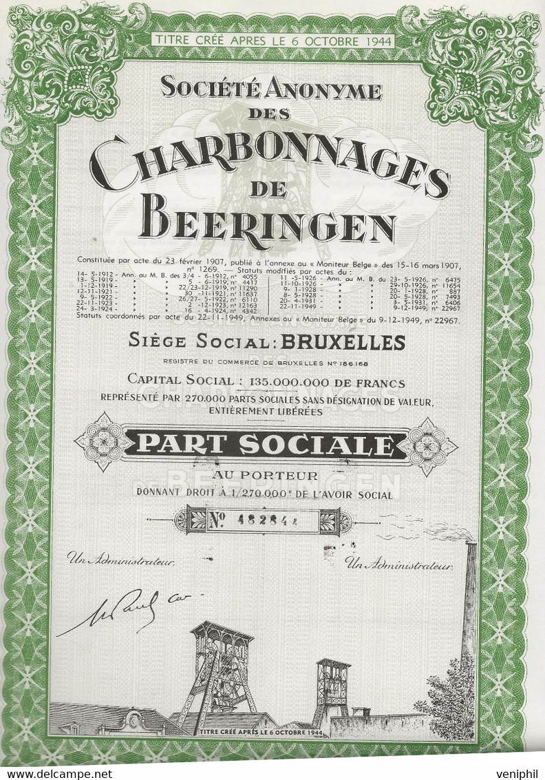 SOCIETE DES CHARBONNAGES DE BEERINGEN -BELGIQUE -PART SOCIALE - ANNEE 1944 - Miniere