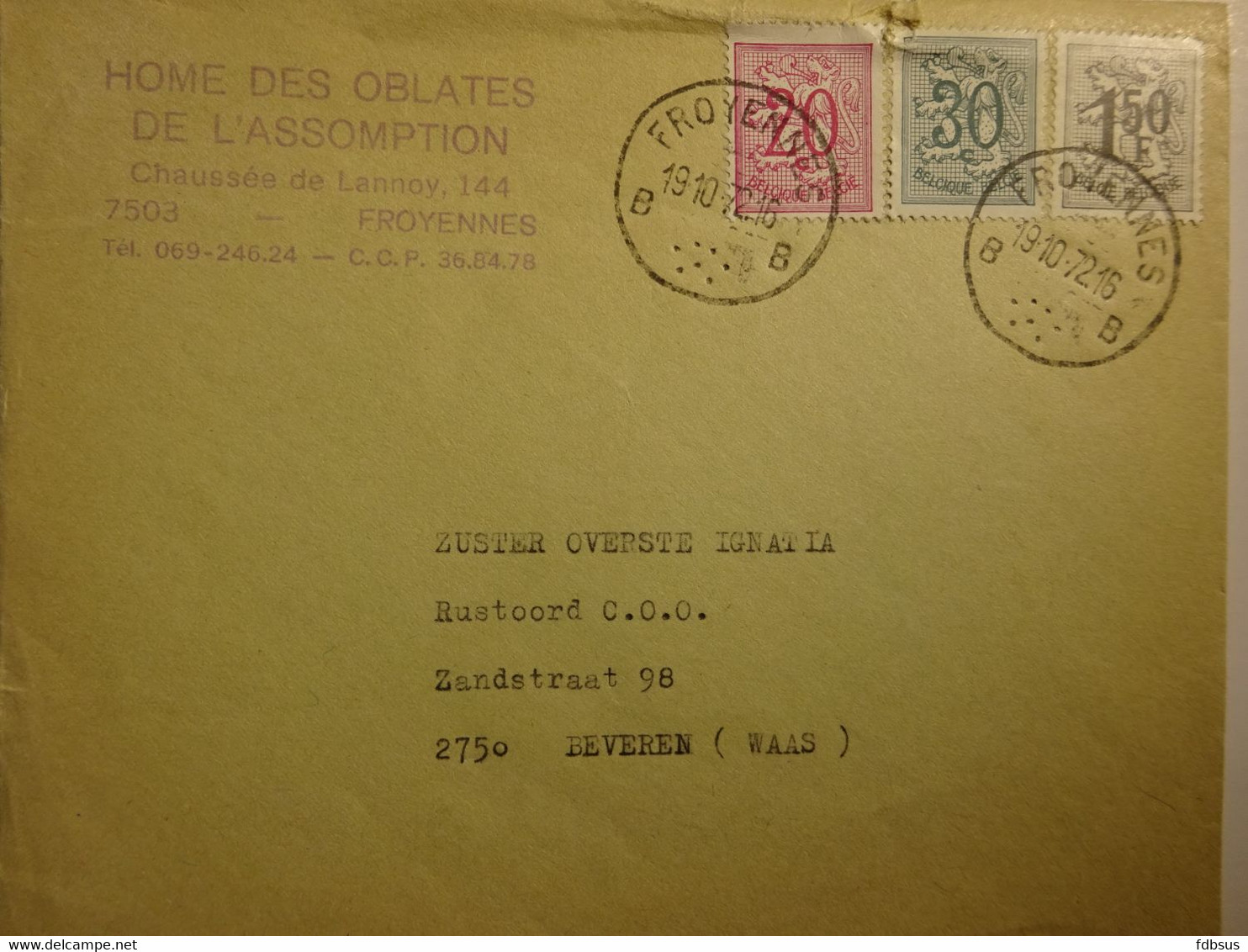 1972 Enveloppe Van 7503 FROYENNES B...B Home Des Oblates - Gefr. 20c + 30c + 1.50 Fr - Zie Scan (s) Voor Zegels, Stempel - 1977-1985 Chiffre Sur Lion