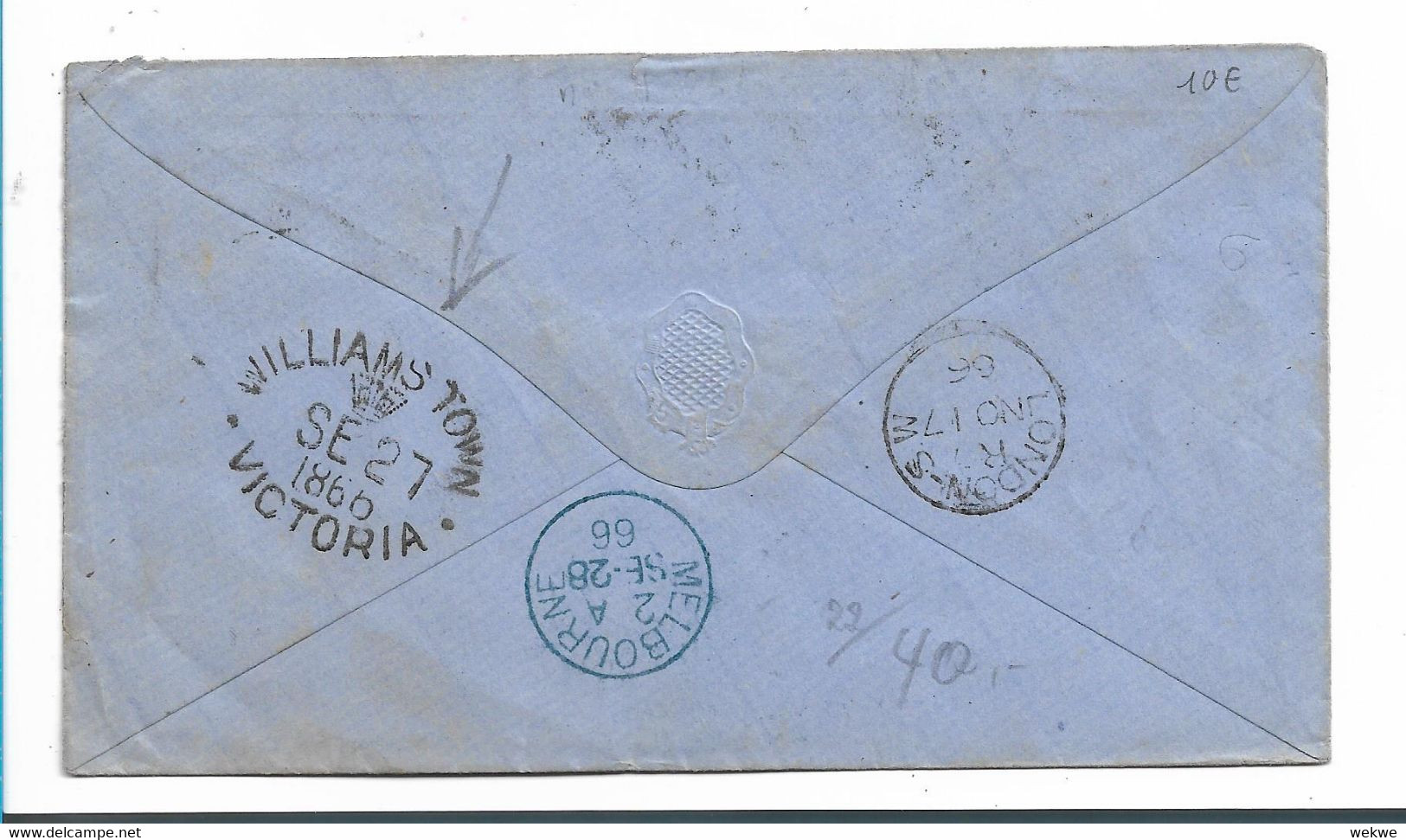 Vic175 / AUSTRALIEN- VICTORIA  - 6 Pence Einzelfrankatur Williamstown Via Melbourne Nach London 1866 - Storia Postale