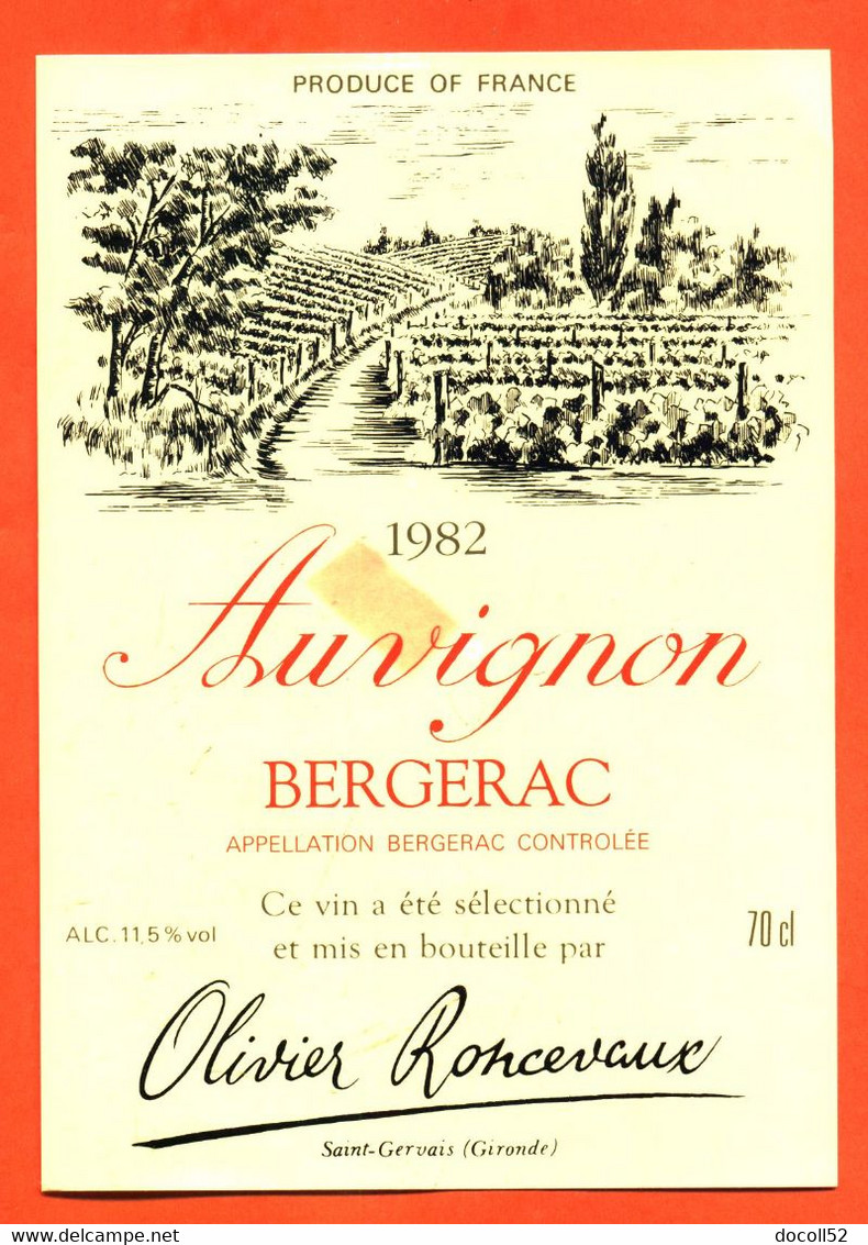 Etiquette Neuve De Vin De Bergerac Auvignon 1982 Olivier Roncevaux à Saint Gervais - 75 Cl - Bergerac