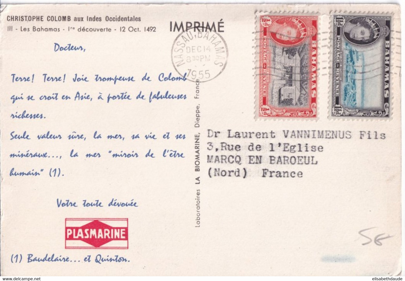 1955 - BAHAMAS - CARTE MEDICALE PUB "PLASMARINE" - CHRISTOPHE COLOMB AUX INDES OCCIDENTALES (INDIEN AU DOS) De NASSAU - 1859-1963 Colonia Británica