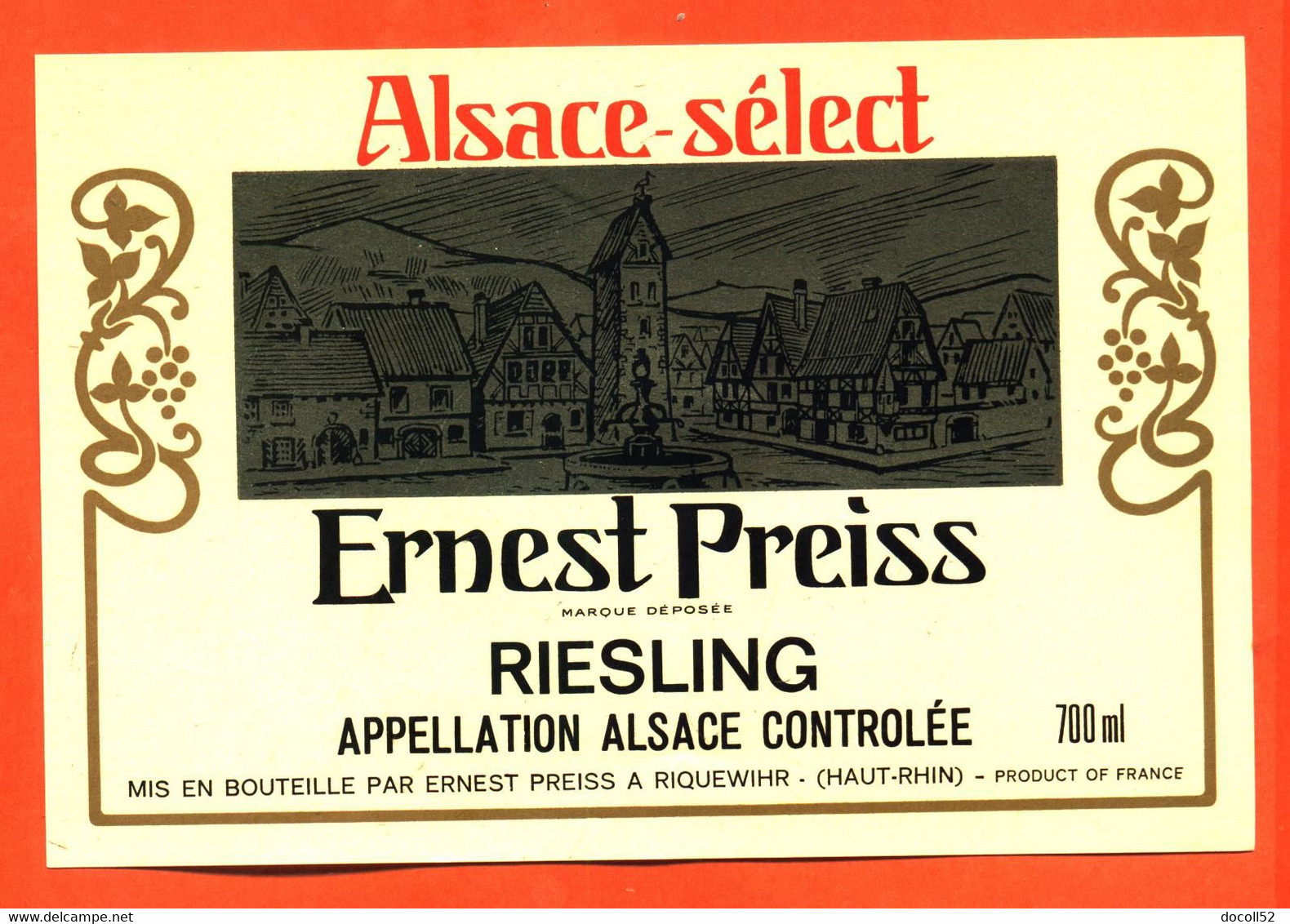 Etiquette Ancienne Neuve De Vin D'alsace Select Riesling Ernest Preiss à Riquewihr - 70 Cl - Riesling