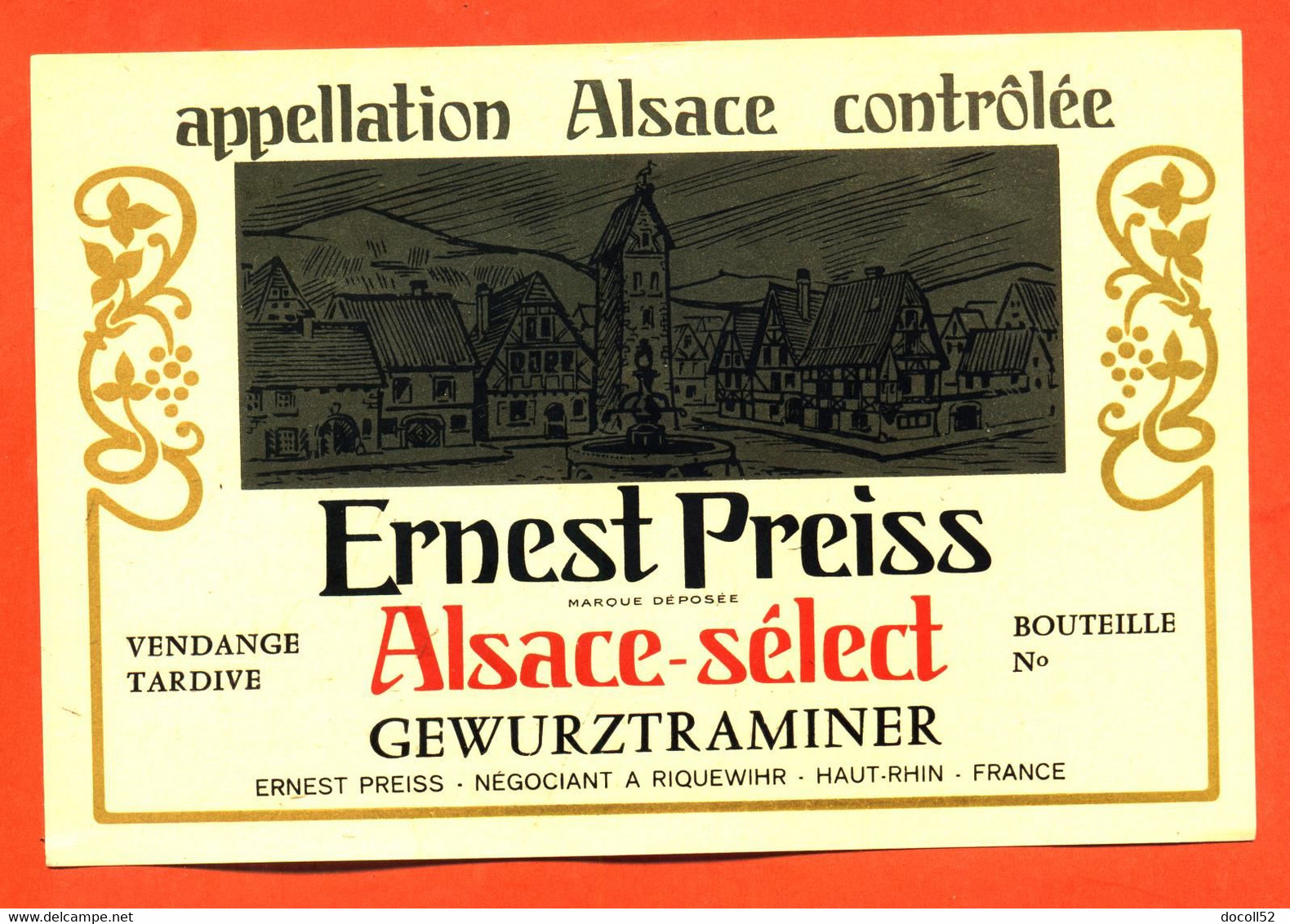 Etiquette Ancienne Neuve De Vin D'alsace Select Gewurztraminer Ernest Preiss à Riquewihr - 70 Cl - Gewurztraminer