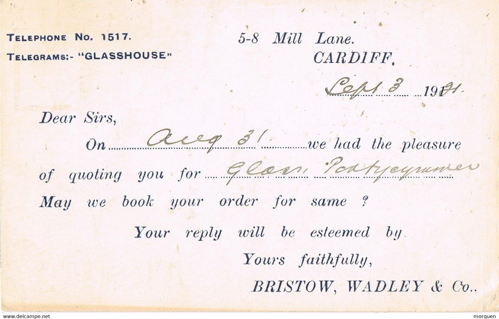 43814. Tarjeta Privada CARDIFF (England) 1931. Comercial Bristow, Wadley And Co - Lettres & Documents