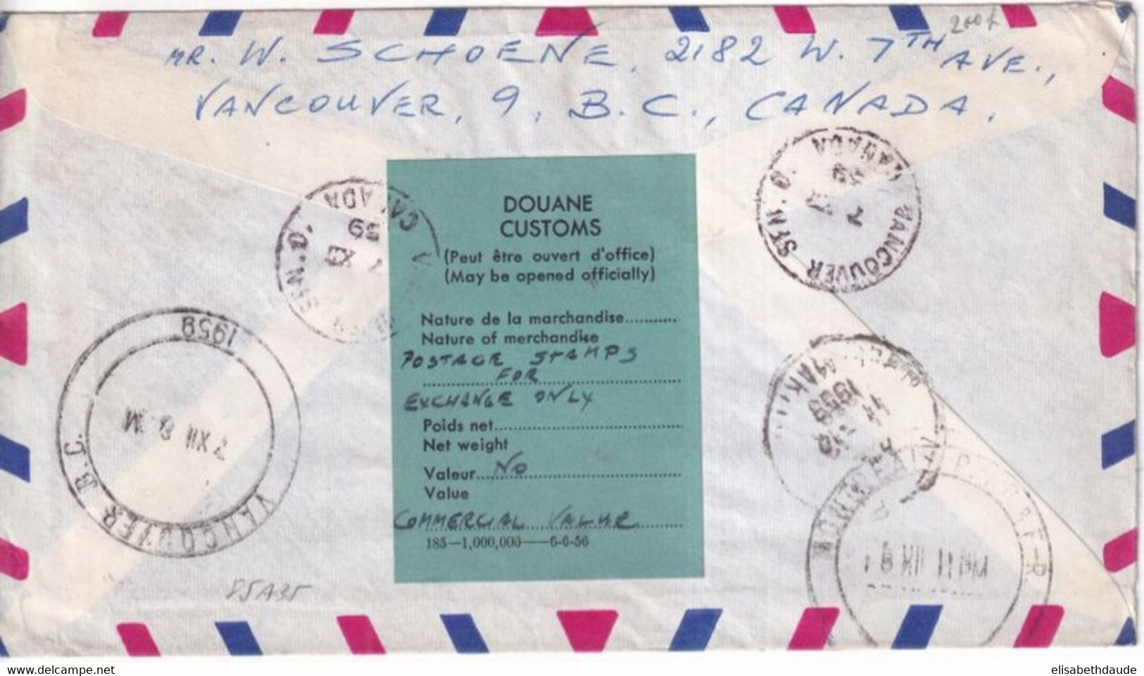 1959 - CANADA - ENVELOPPE RECOMMANDEE De VANCOUVER DOUANE AU DOS ! => JUAN LES PINS - Brieven En Documenten