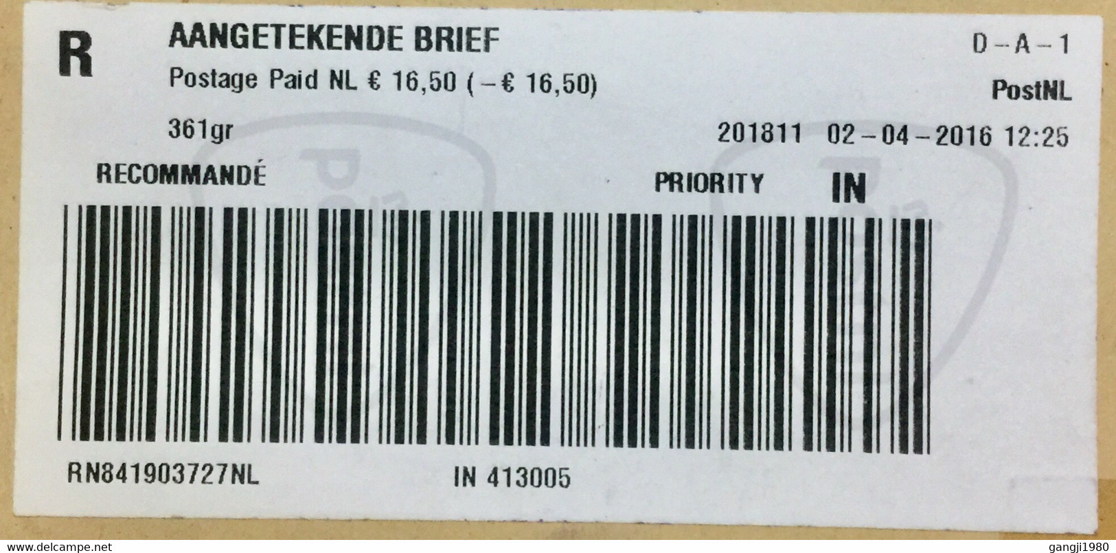 NEDERLAND 2016, REGISTERED VIGNETTE CUSTOME DECLARATION AIRMAIL LABEL 16.50€ STAMPS USED COVER TO INDIA, LEIDERDORP - Covers & Documents