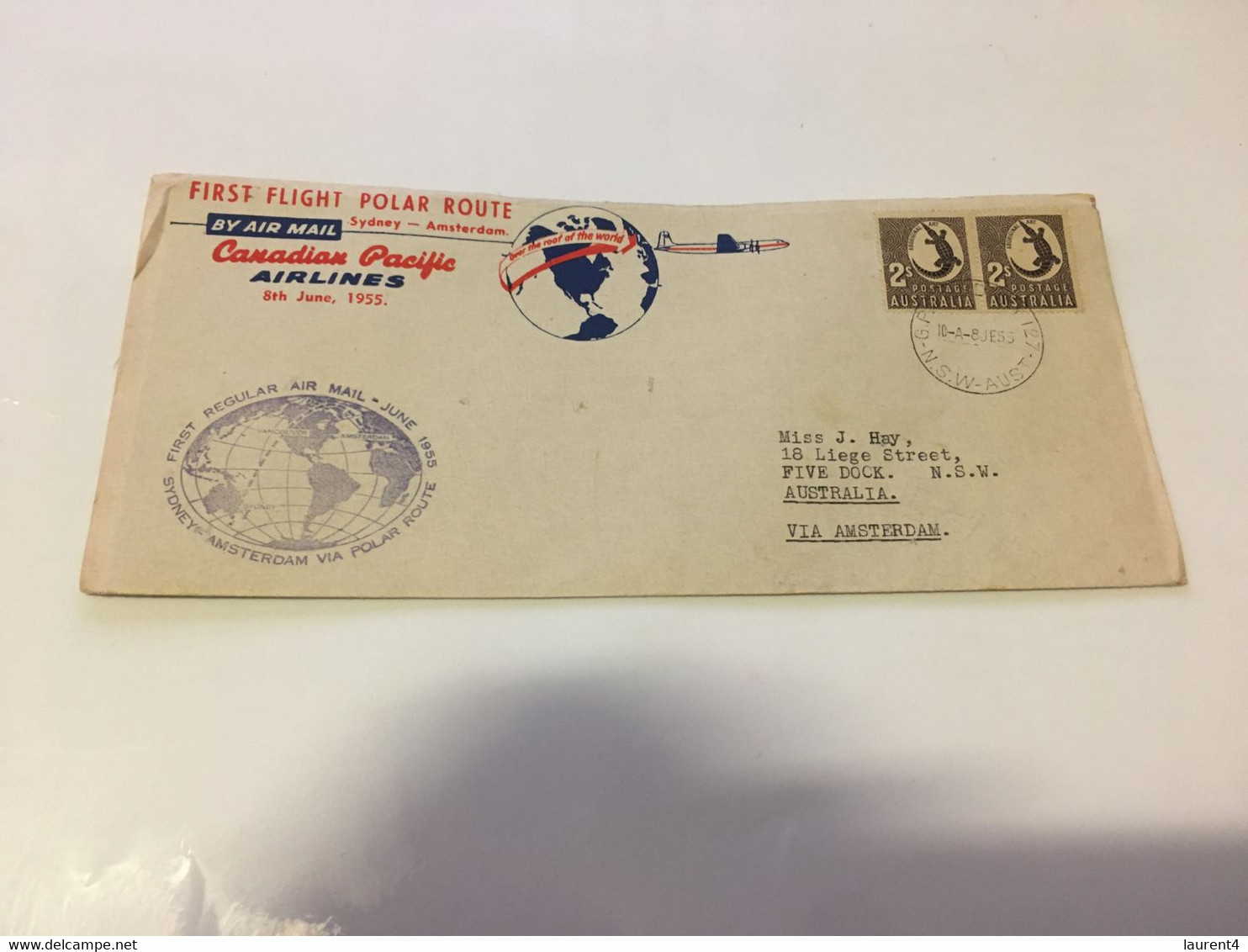 (2 G 2) Australia Flight Cover - 1st Flight Polar Route - 1955 (Canadian Pacific) To Australia (Sydney To Amsterdam) - Premiers Vols