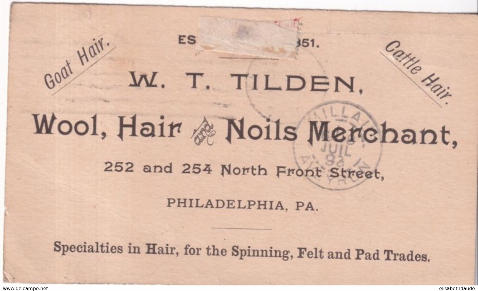 1893 - USA - CARTE ENTIER REPIQUEE AU DOS "TILDEN HAIR MERCHANT" ! De PHILADELPHIA => MILLAU (AVEYRON) - ...-1900