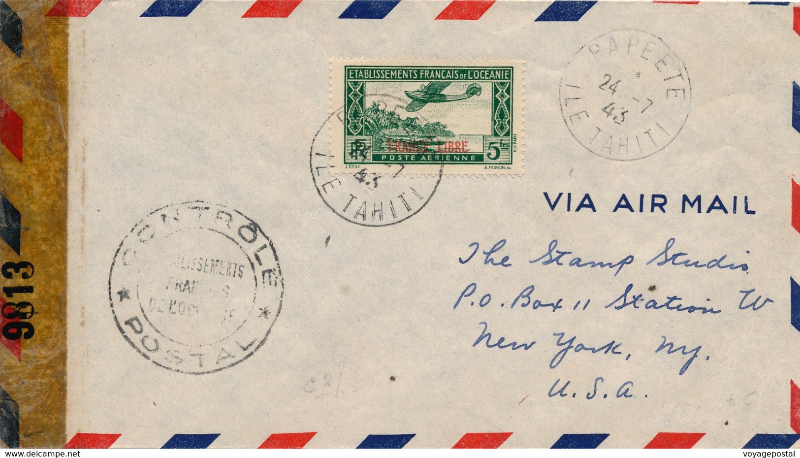 LETTRE WWII PAPEETE TAHITI 5F (PA1) FRANCE LIBRE CONTROLE POSTAL USA COVER OCEANIA - Covers & Documents