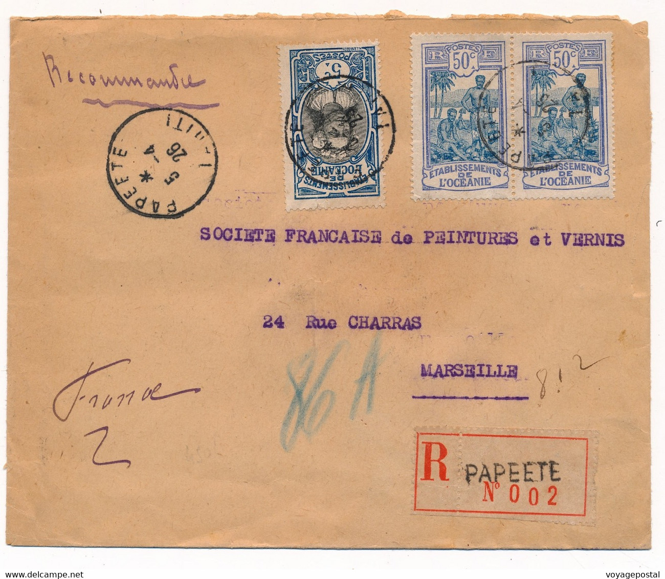 LETTRE RECOMMANDÉE PAPEETE TAHITI MARSEILLE AU DOS CACHET CHARGEMENTS COVER OCEANIA - Covers & Documents