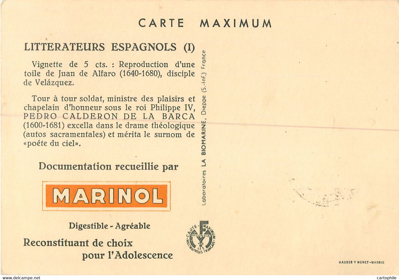 Carte Maximum 1954 - Litterateurs Espagnols - Pedro Calderon Del Club De Barca - Madrid - Tarjetas Máxima