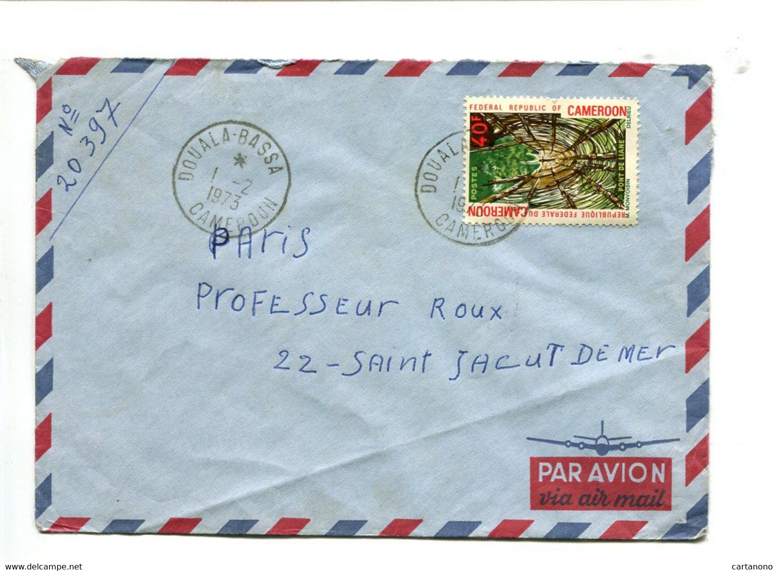 CAMEROUN Douala Bassa 1973 - Affranchissement Sur Lettre - Pont De Liane - Kamerun (1960-...)
