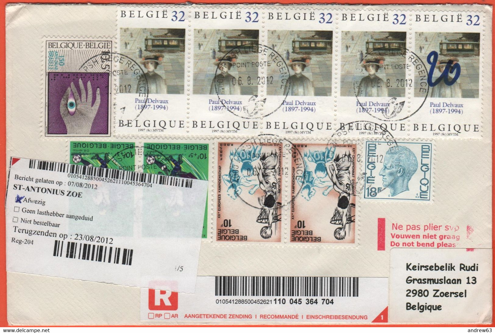 BELGIO - BELGIE - BELGIQUE - 2012 - 11 Stamps - Registered - Viaggiata Da Liège Per Zoersel - Lettres & Documents