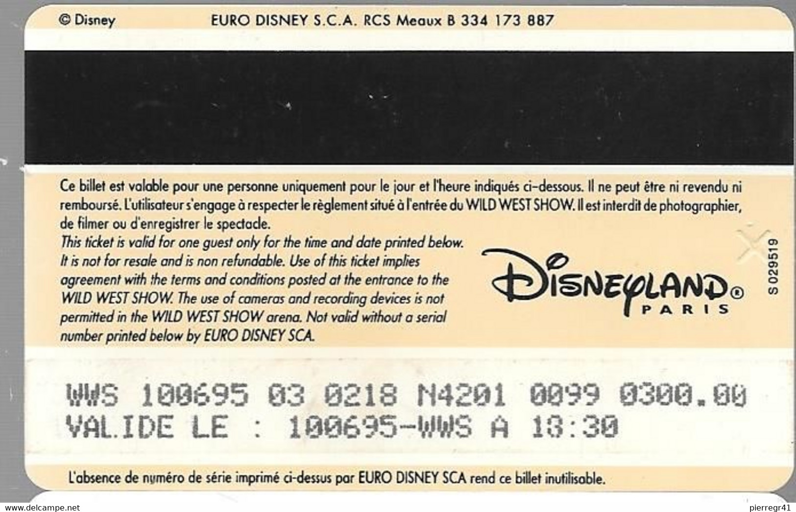 PASS-n-DISNEY-DISNEYLAND PARIS-SPEC-BUFFALO BILL-ADULTE-V°Gros LOG-SPEOS S 029519-Vertical A Droite-TBE - Disney Passports