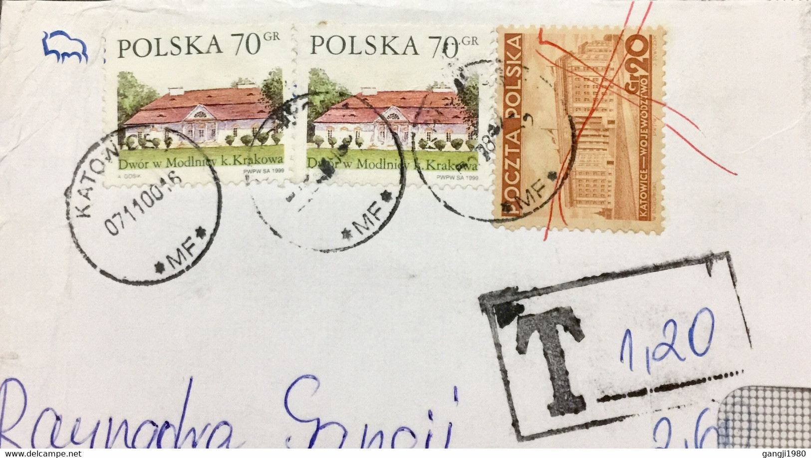 POLAND 2000, REUSED COVER 1935, BUILDING STAMP USED NOT ACCEPTED SO DUE ,”T” IN BOXED 3 STAMPS KATOWCE  & ŁÓDŹ CANCELLAT - Covers & Documents