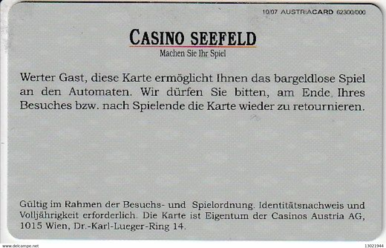 AUSTRIA  KEY CASINO Spiel Card - Seefeld - Casinokaarten