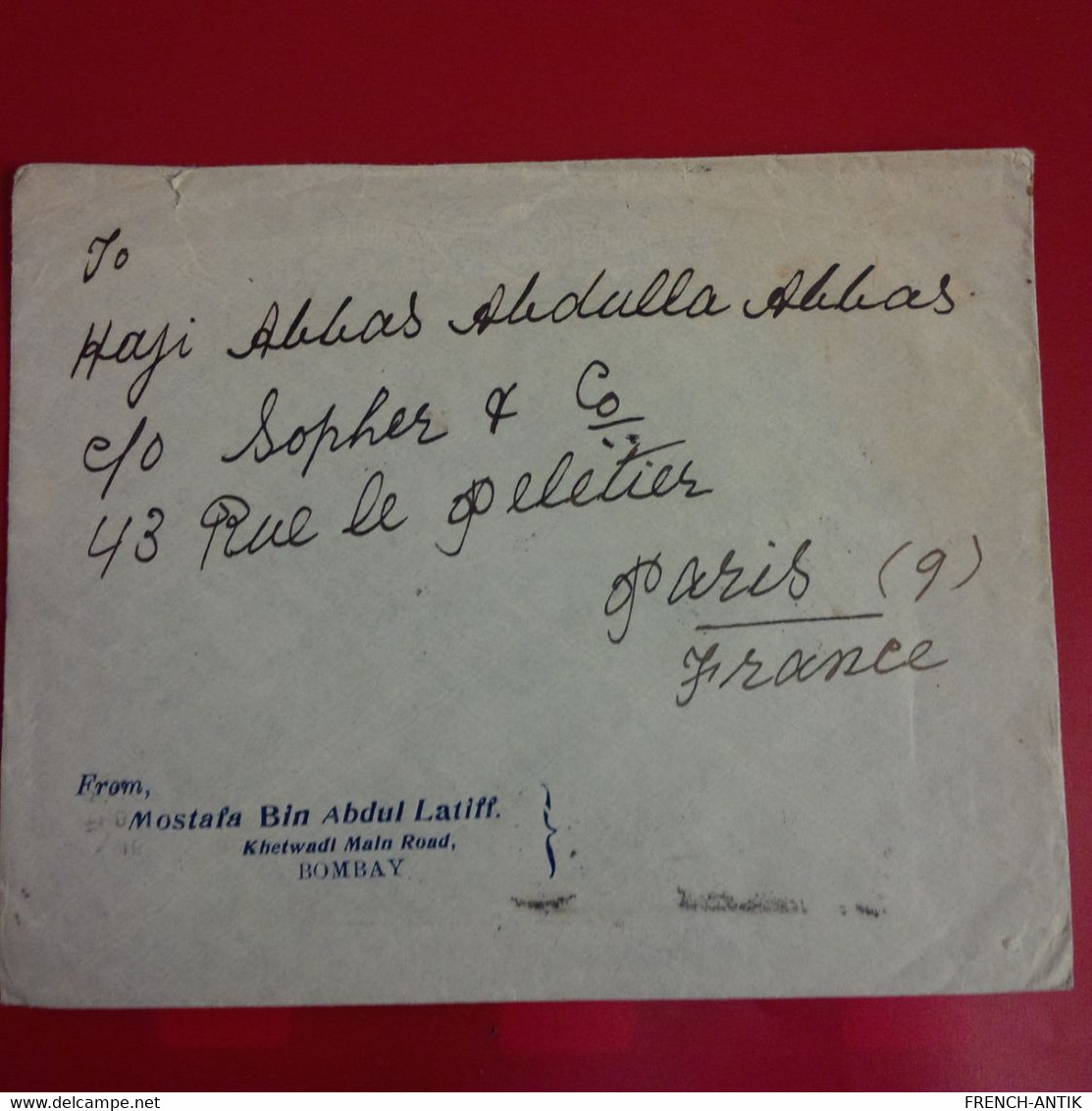 LETTRE INDE BOMBAY POUR PARIS - 1911-35 Koning George V