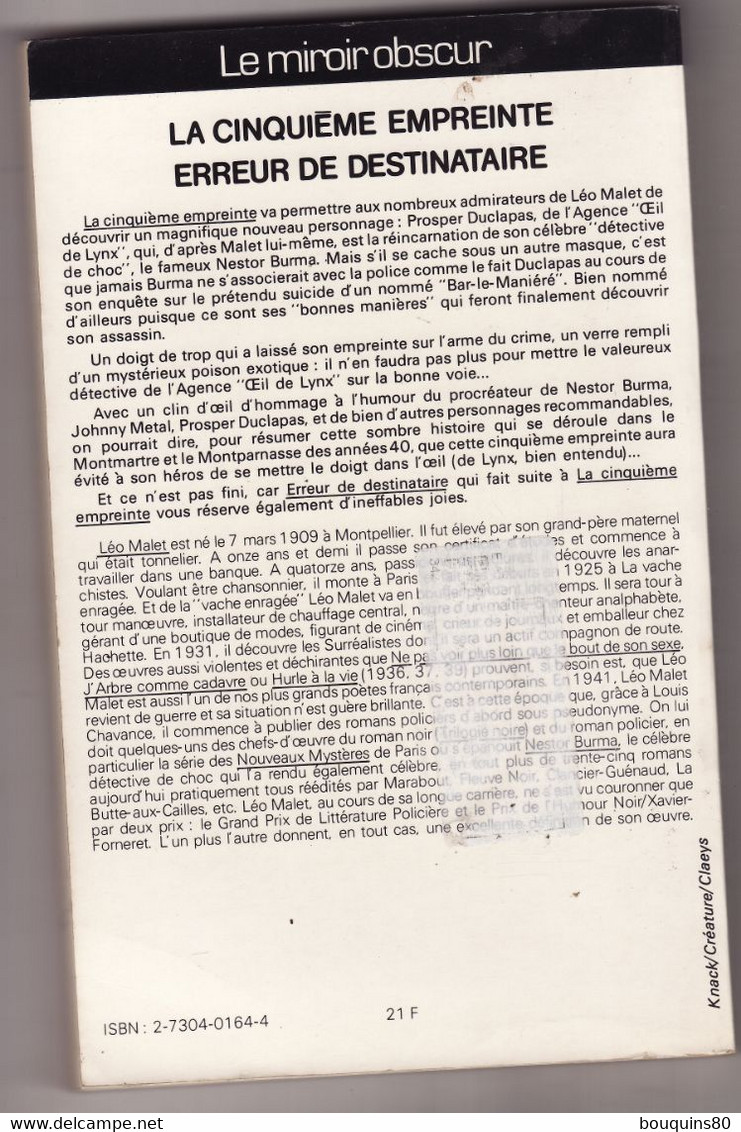 LA CINQUIEME EMPREINTE Et ERREUR DE DESTINATAIRE De LEO MALET 1982 Collection NEO - Leo Malet